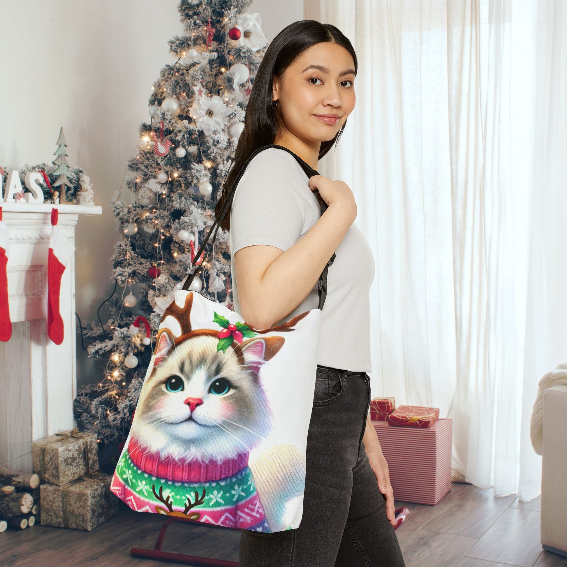 Cat Reindeer - Christmas Sweater - Adjustable Strap Tote Bag   