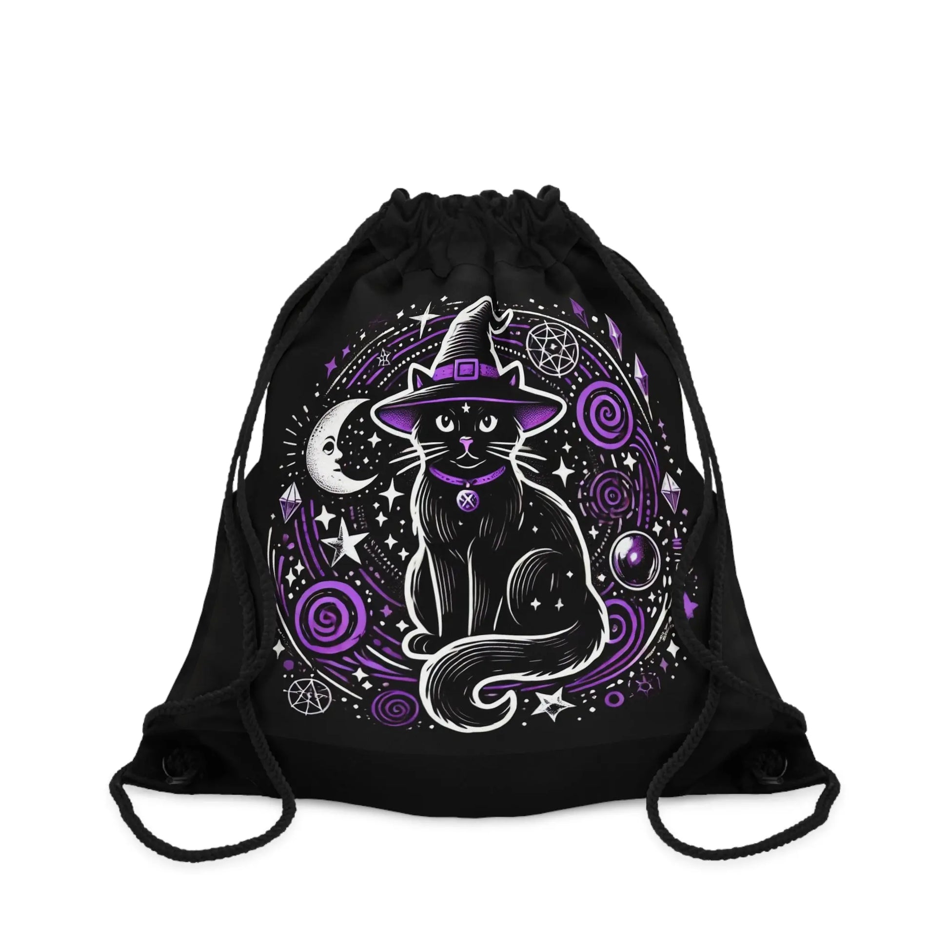 Witch Cat - Purple and Black - Halloween Drawstring Bag   