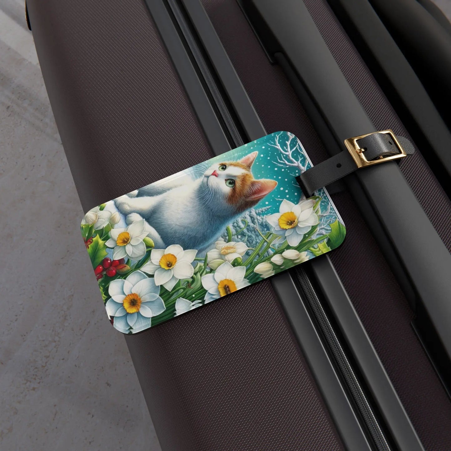 December Birth Flower -  Holly and Narcissus - Cat Lover - Luggage Tag - Montecore PawPrints