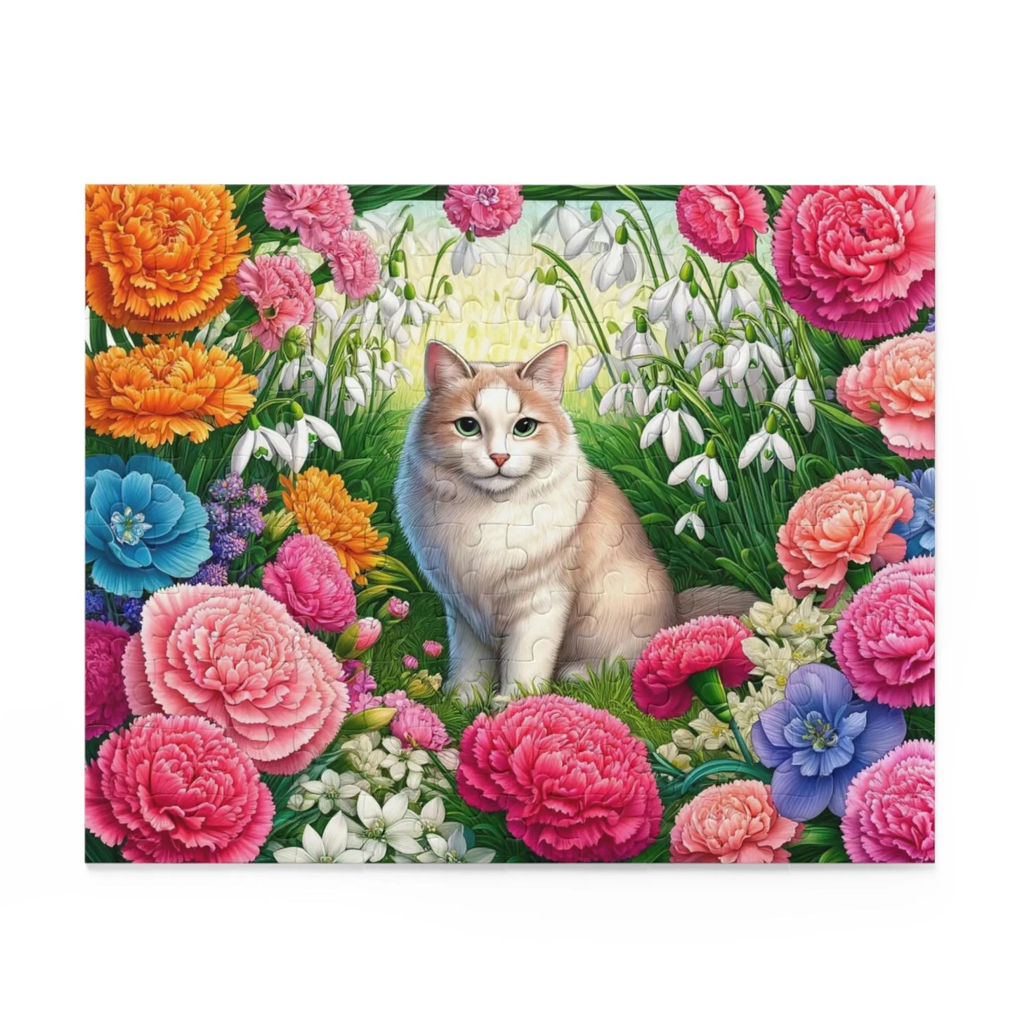 January Birth Flower Puzzle - Carnations & Snowdrops - Cat Lover Gift - 120, 252, or 500-piece - Montecore PawPrints