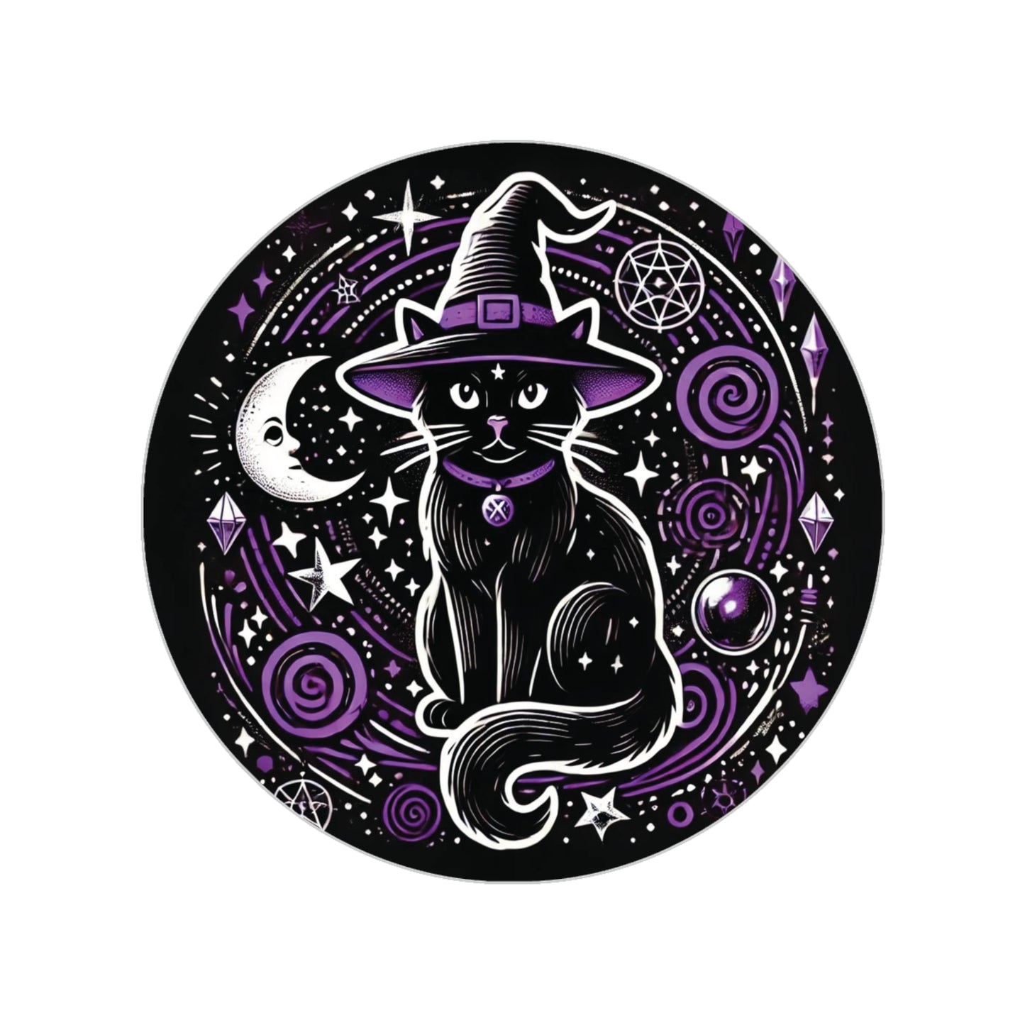 Halloween Witch Cat Transparent Outdoor Stickers, Round, 1pcs   