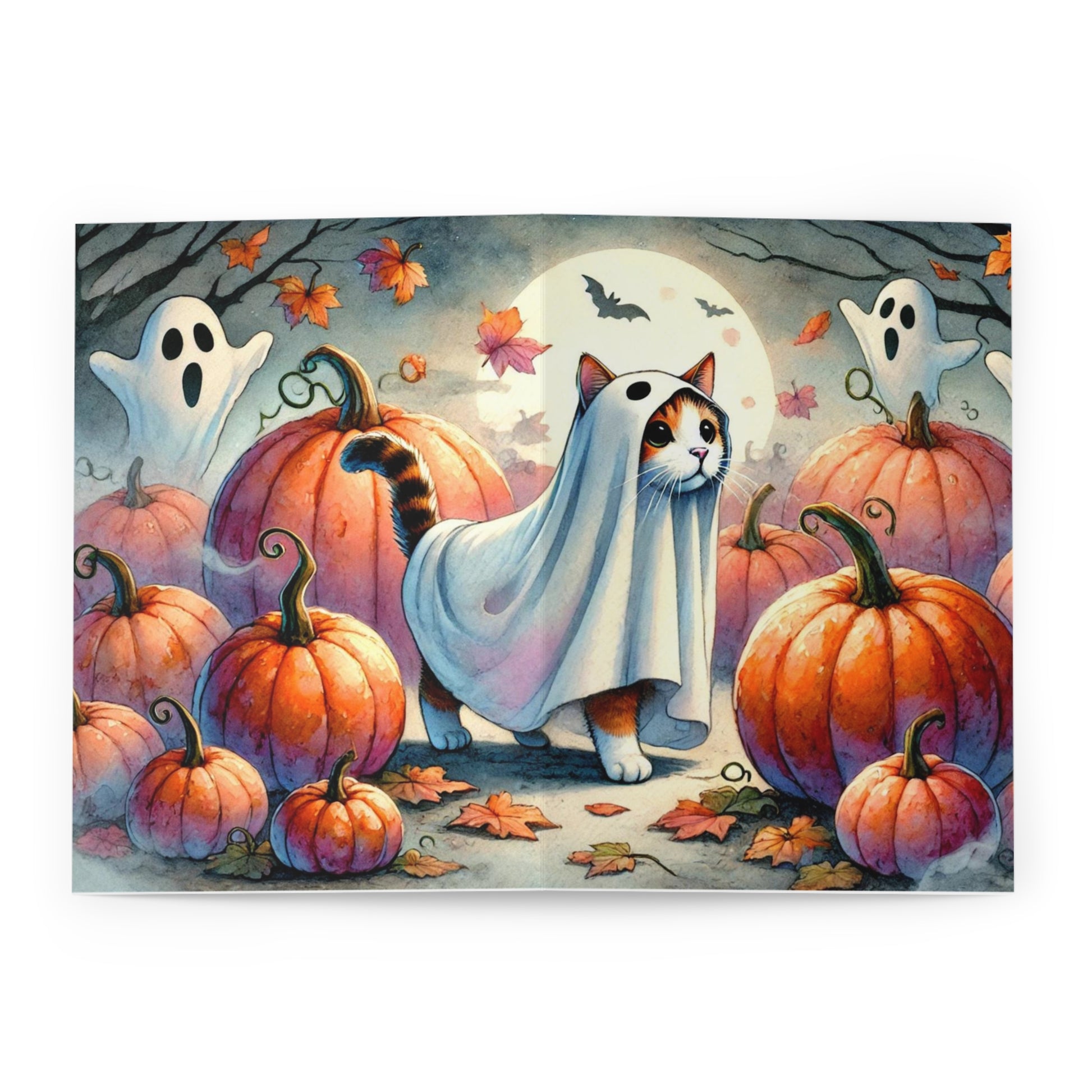 Halloween Ghost Cat in Pumpkin Patch- Blank Greeting Cards (5 Pack)   