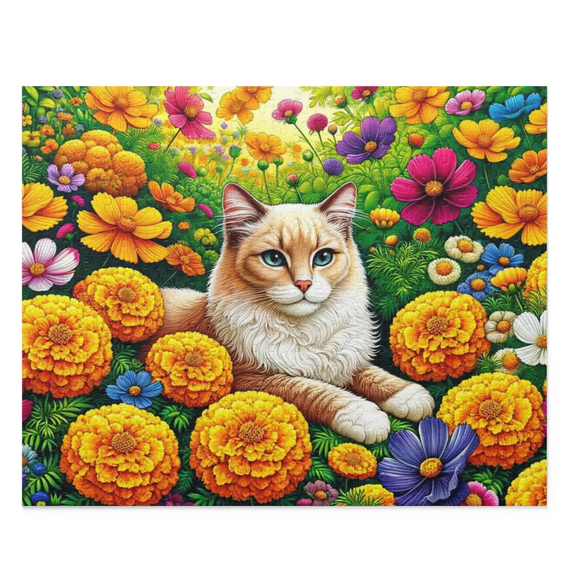 October Birth Flower Puzzle - Marigolds and Cosmos - Cat Lover Gift -  120-piece- 252-piece- or 500-piece - Montecore PawPrints