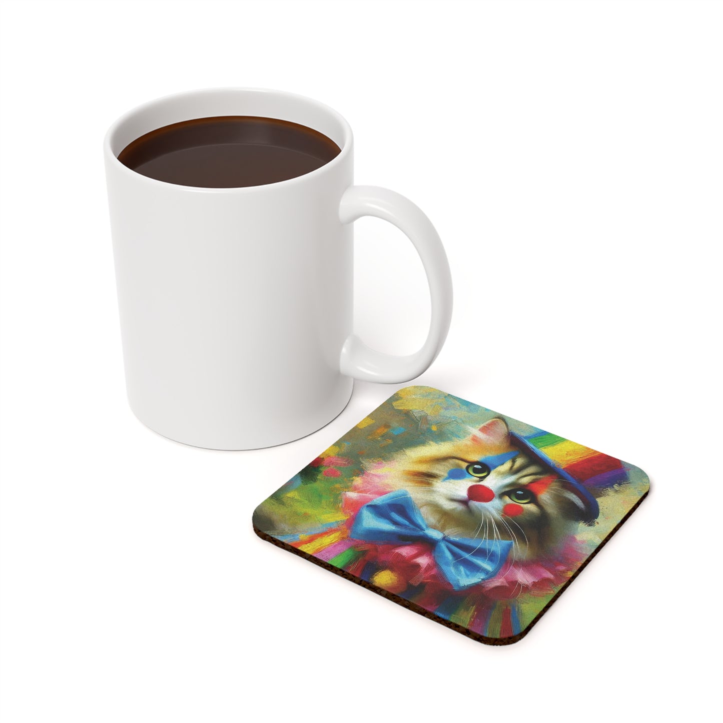 Rainbow Top Hat Cat Clown  - High Gloss Drink Coaster   