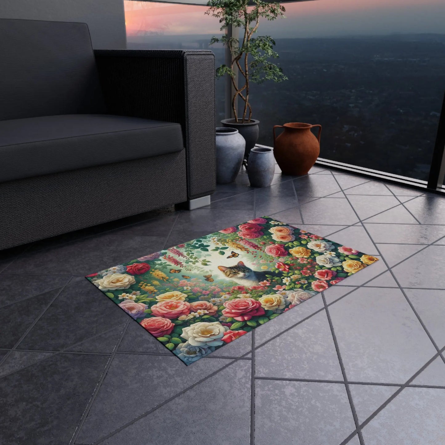 June Birth Flower Rug - Roses and Honeysuckles - Cat Lover - Indoor/Outdoor Rug   