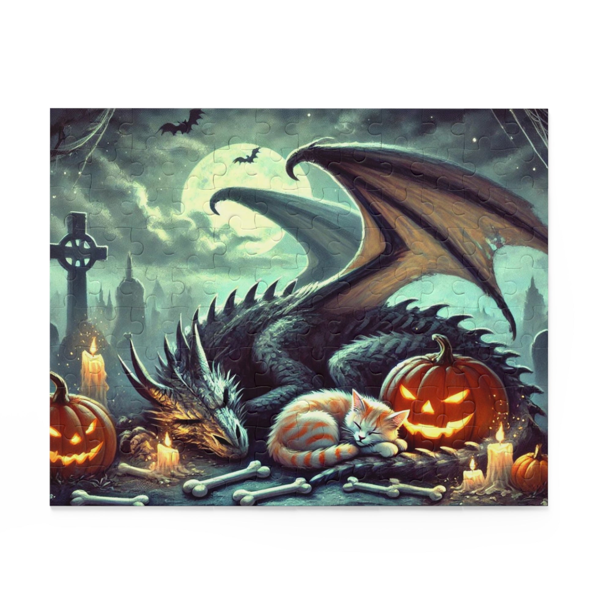 Fantasy Dragon and Cat Halloween Puzzle - Gift 120, 252, or 500 -piece options   