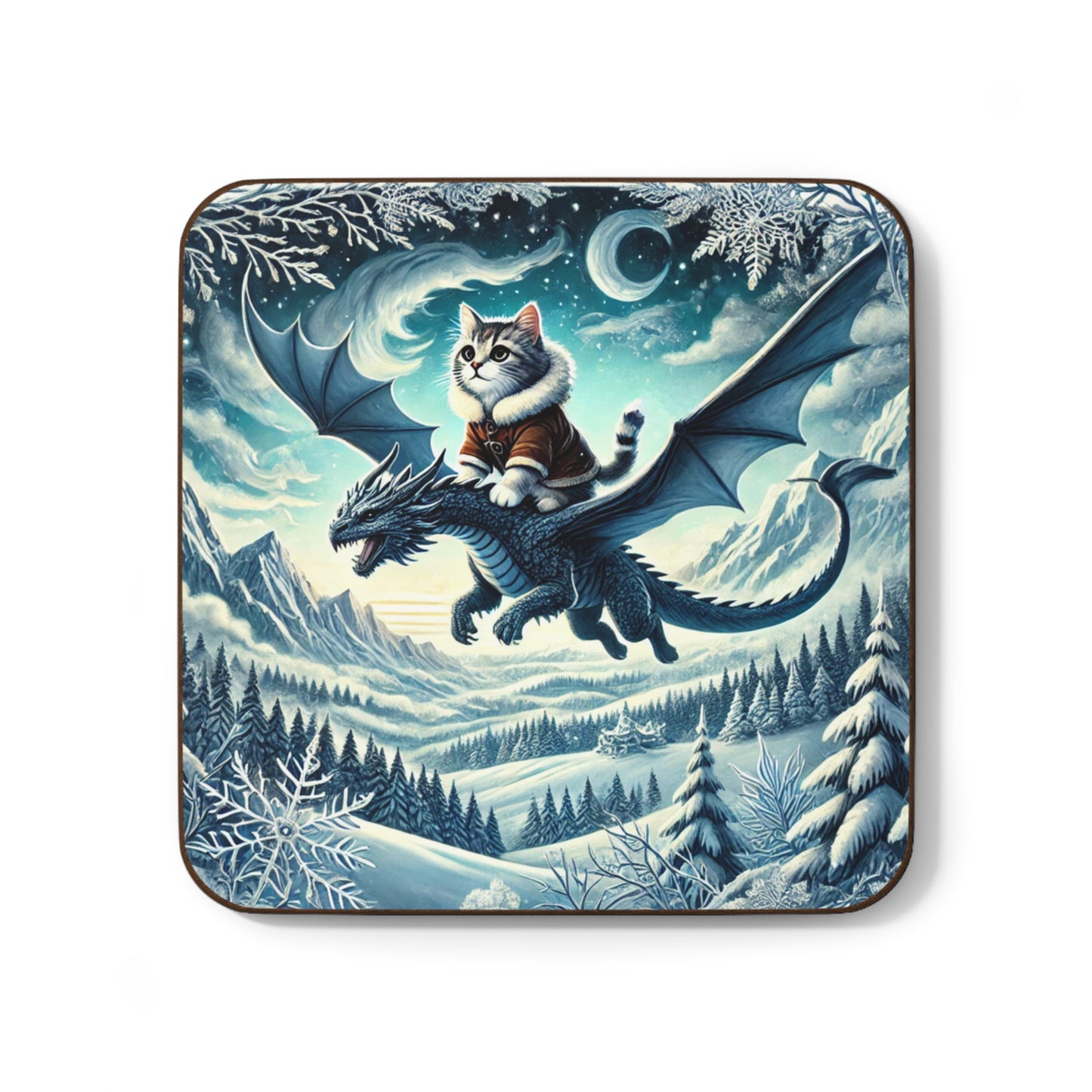 Winter Dragon Flight - Cat lover - Hardboard Back Coaster   