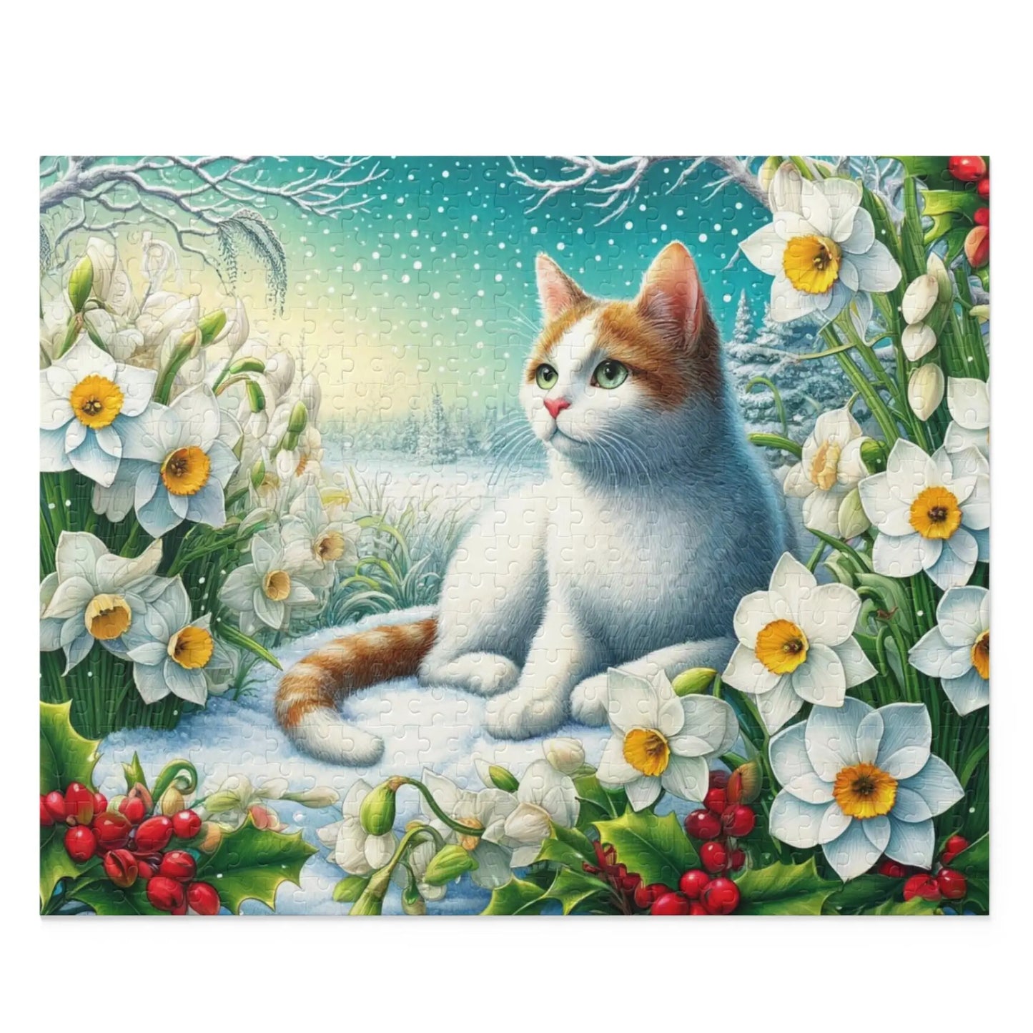 December Birth Flower Puzzle - Holly and Narcissus - Cat Lover Gift -120-piece- 252-piece- or 500-piece - Montecore PawPrints