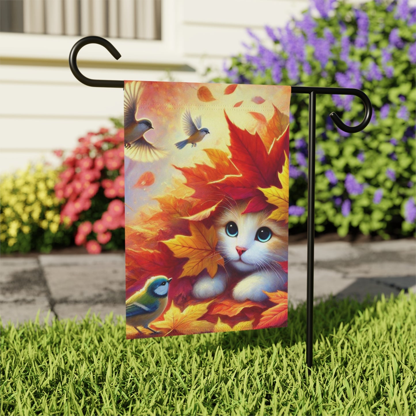 Fall Leaf Piles - Cat Lover - Garden & House Banner   