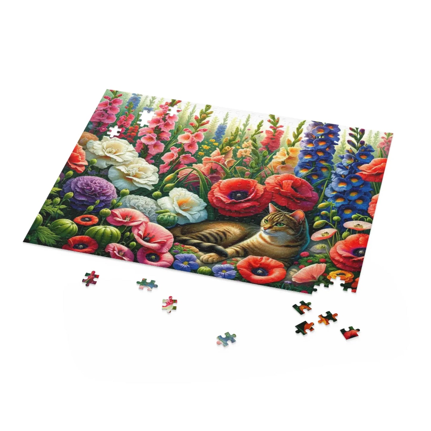 August Birthday Flower Puzzle - Gladiolas and Poppies - Cat Lover Gift  - 120-piece- 252-piece- 500-piece size - Montecore PawPrints