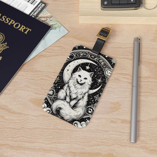 Celestial Tarot Moon - White Cat - Luggage Tag - Travel Gift   