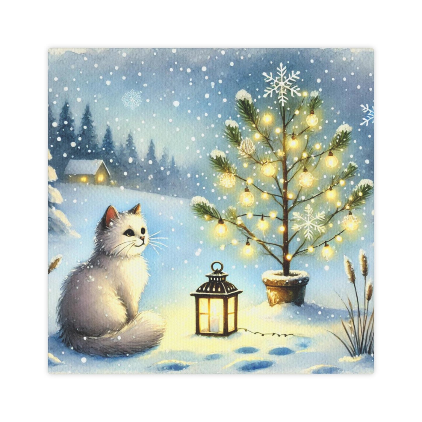 Winter Scene - White Cat Snowy Tree  - Wall Art Decor 8x8   