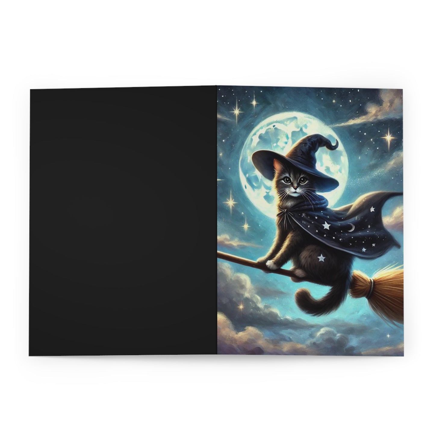 Halloween Flying Cat Witch - Blank Greeting Cards (5 Pack)   