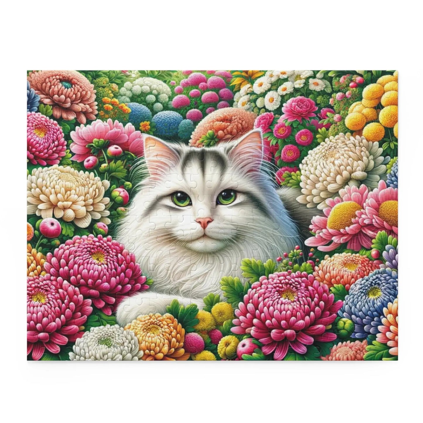 November Birthday Flower Puzzle - Chrysanthemum and Peony - Cat Lover Gift -120-piece- 252-piece- or 500-piece - Montecore PawPrints