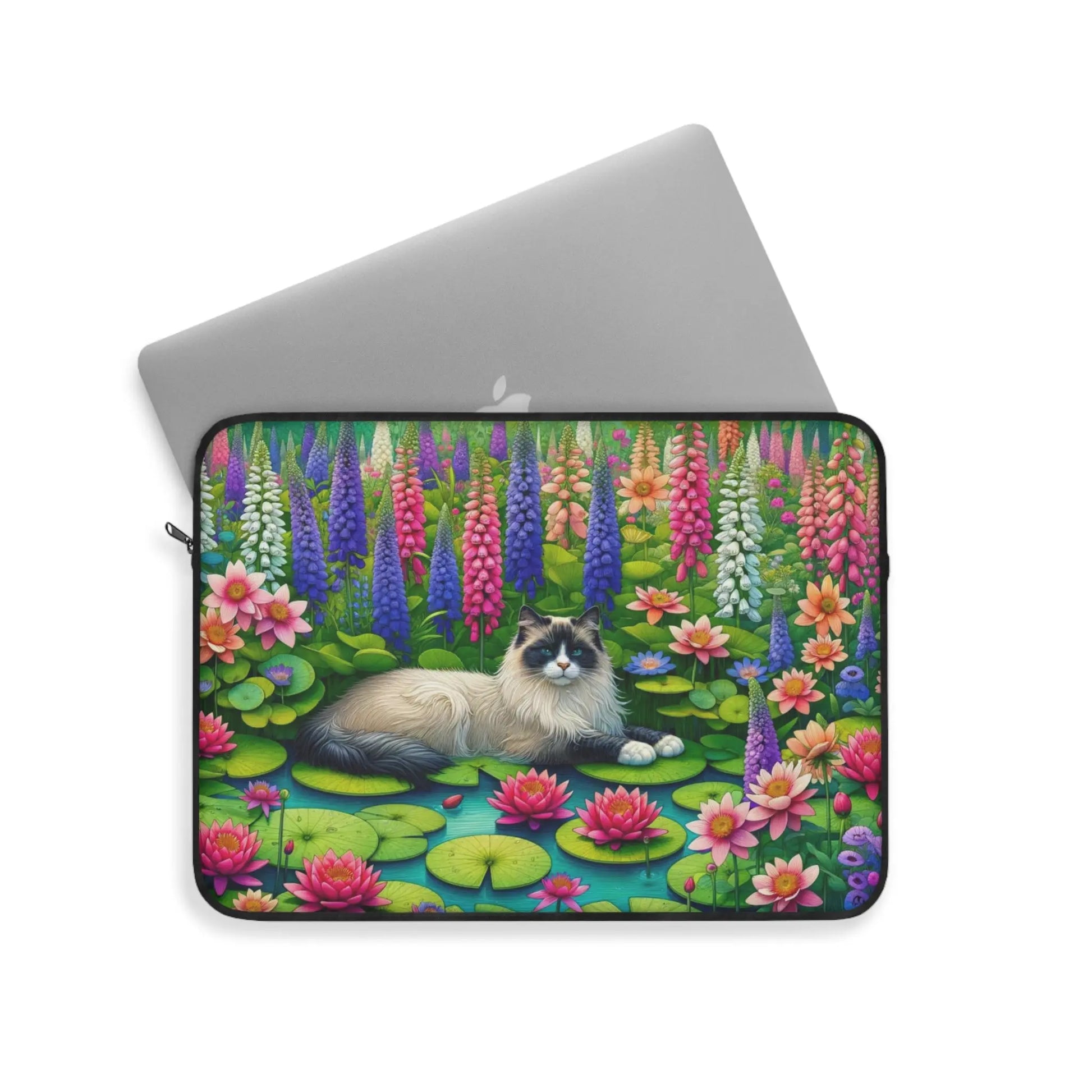 July Birth Flower - Water Lily and Larkspur - Cat Lover - Laptop Sleeve   