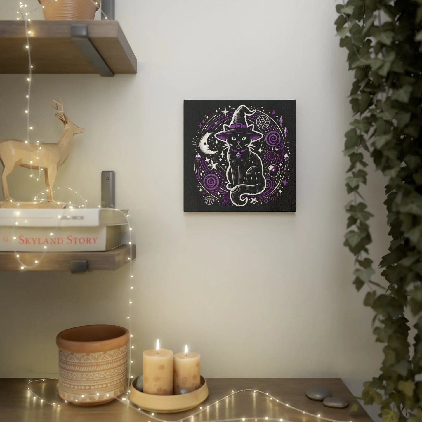 Cat Witch - Purple and Black - Wall Art Decor 8x8   