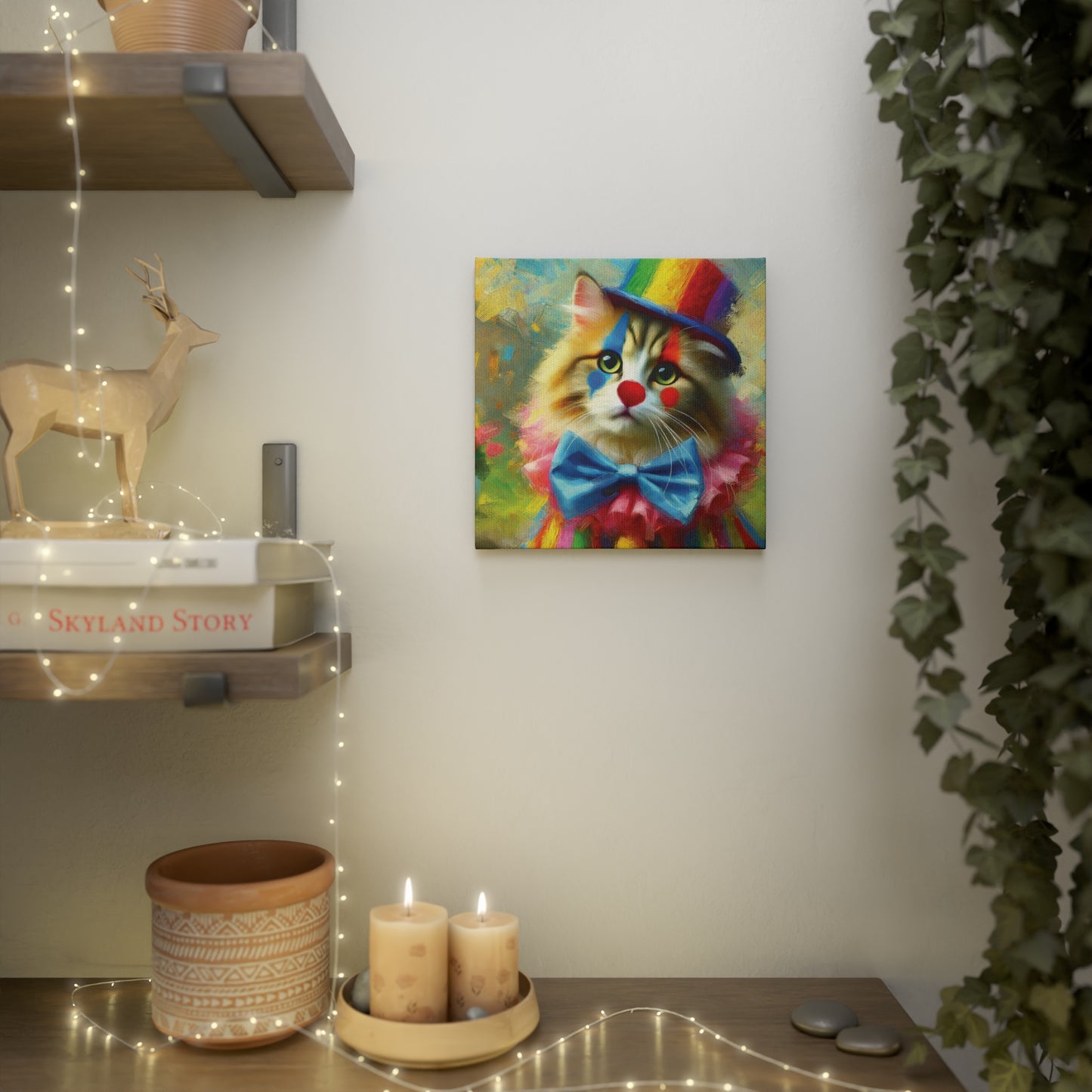 Rainbow Top Hat Cat Clown - Wall Art Decor 8x8   