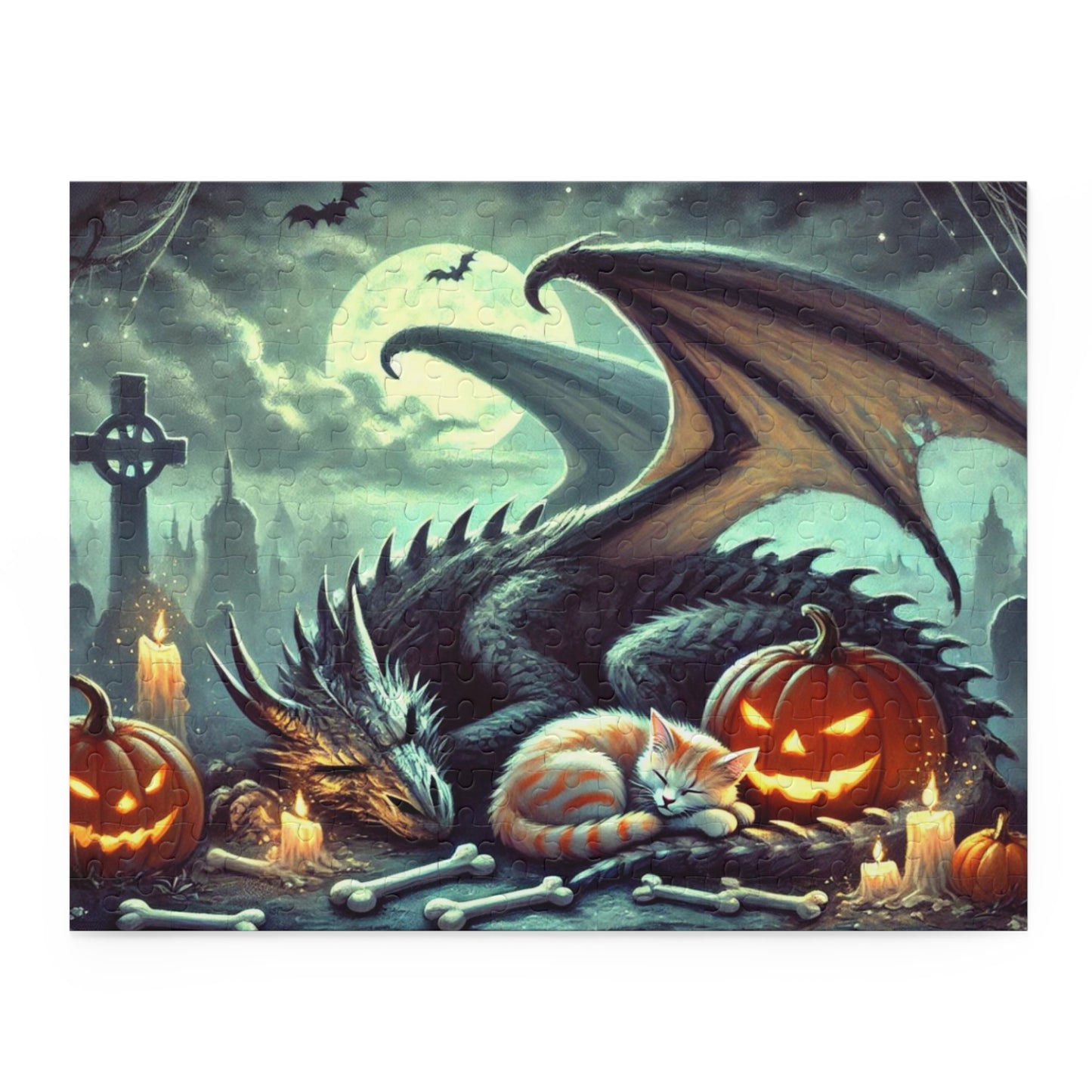 Fantasy Dragon and Cat Halloween Puzzle - Gift 120, 252, or 500 -piece options   