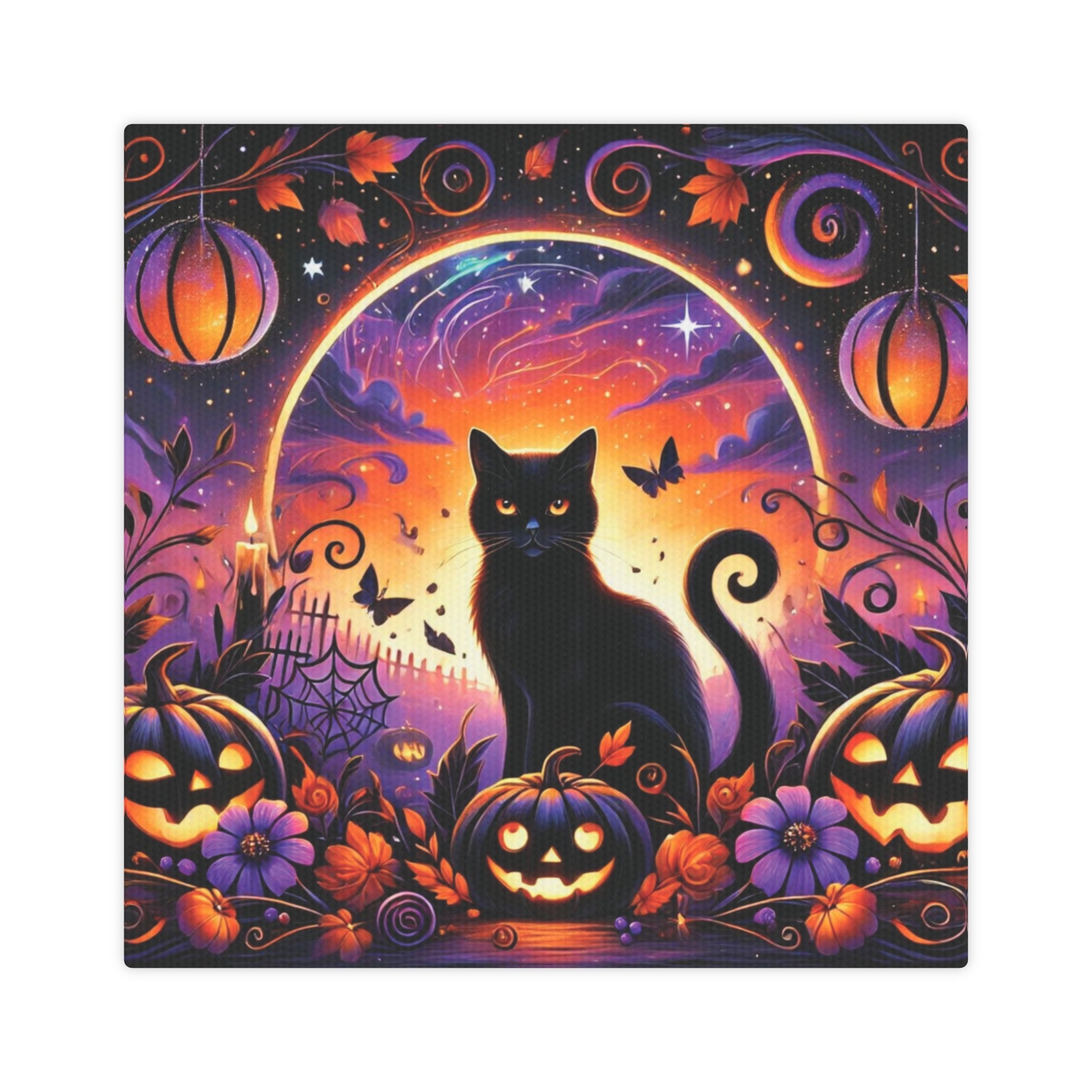 Halloween Black Cat in Pumpkin Patch - Wall Art Decor 8x8   