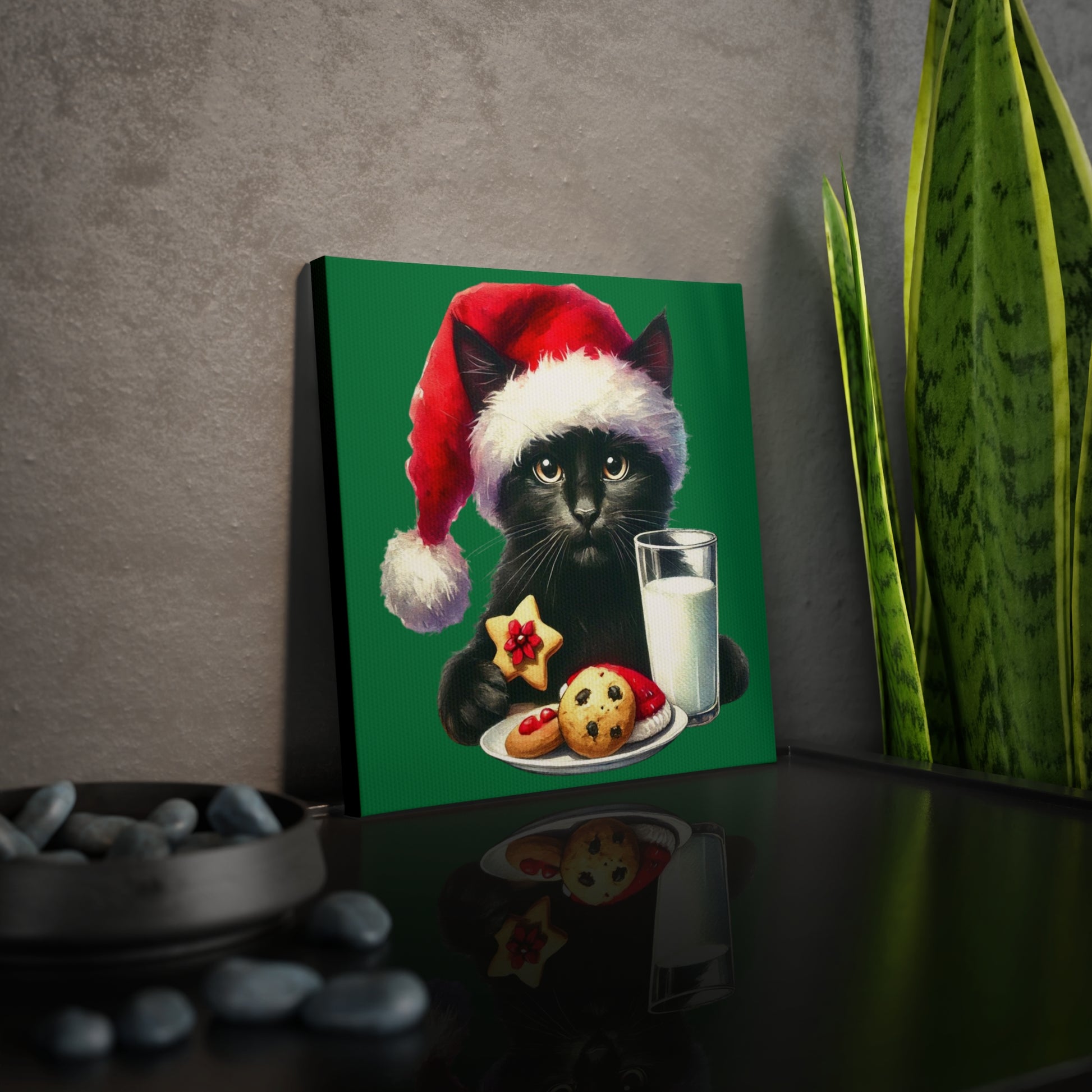 Santa Hat and Cookies - Black Cat Lover - Christmas Wall Art Decor   