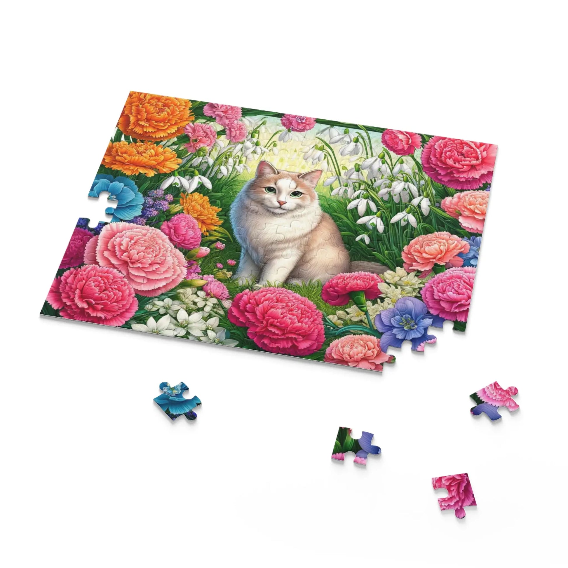 January Birth Flower Puzzle - Carnations & Snowdrops - Cat Lover Gift - 120, 252, or 500-piece - Montecore PawPrints