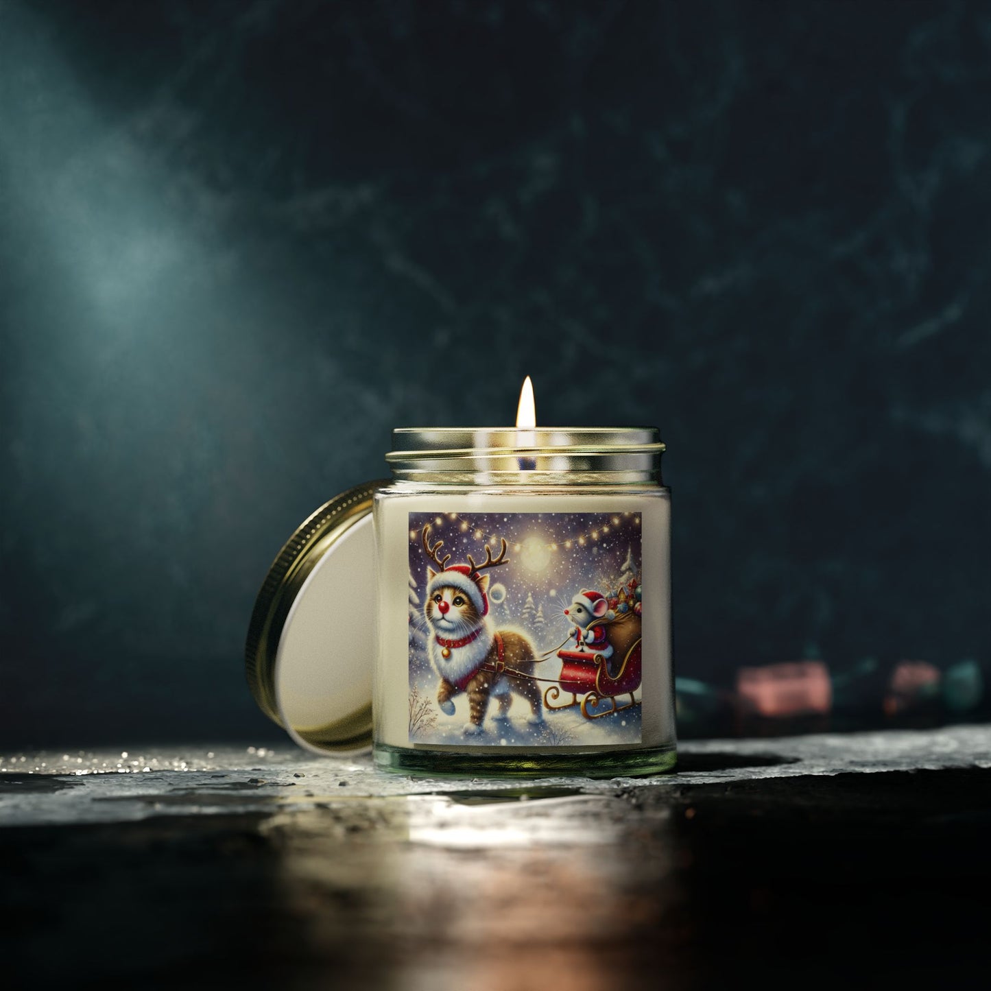 Santa Mouse- Cat Reindeer - Christmas Decor - Scented Coconut Apricot Candles 4oz   