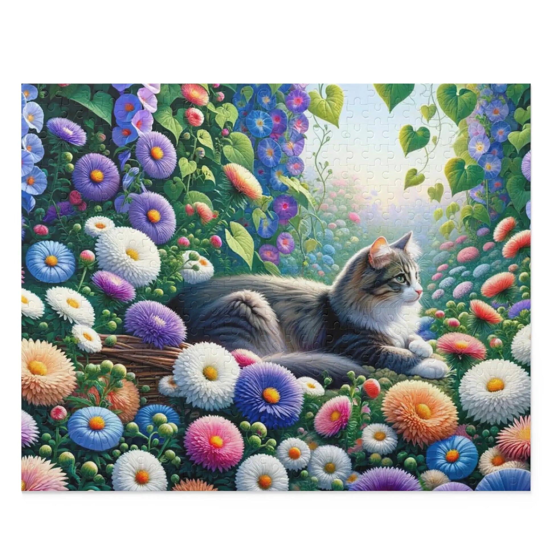 September Birth Flower Puzzle - Asters and Morning Glories - Cat Lover Gift -120-piece- 252-piece- or 500-piece - Montecore PawPrints