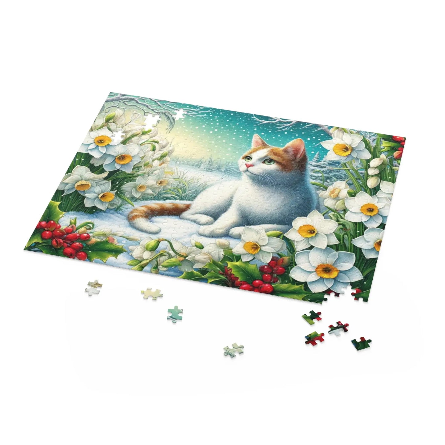 December Birth Flower Puzzle - Holly and Narcissus - Cat Lover Gift -120-piece- 252-piece- or 500-piece - Montecore PawPrints