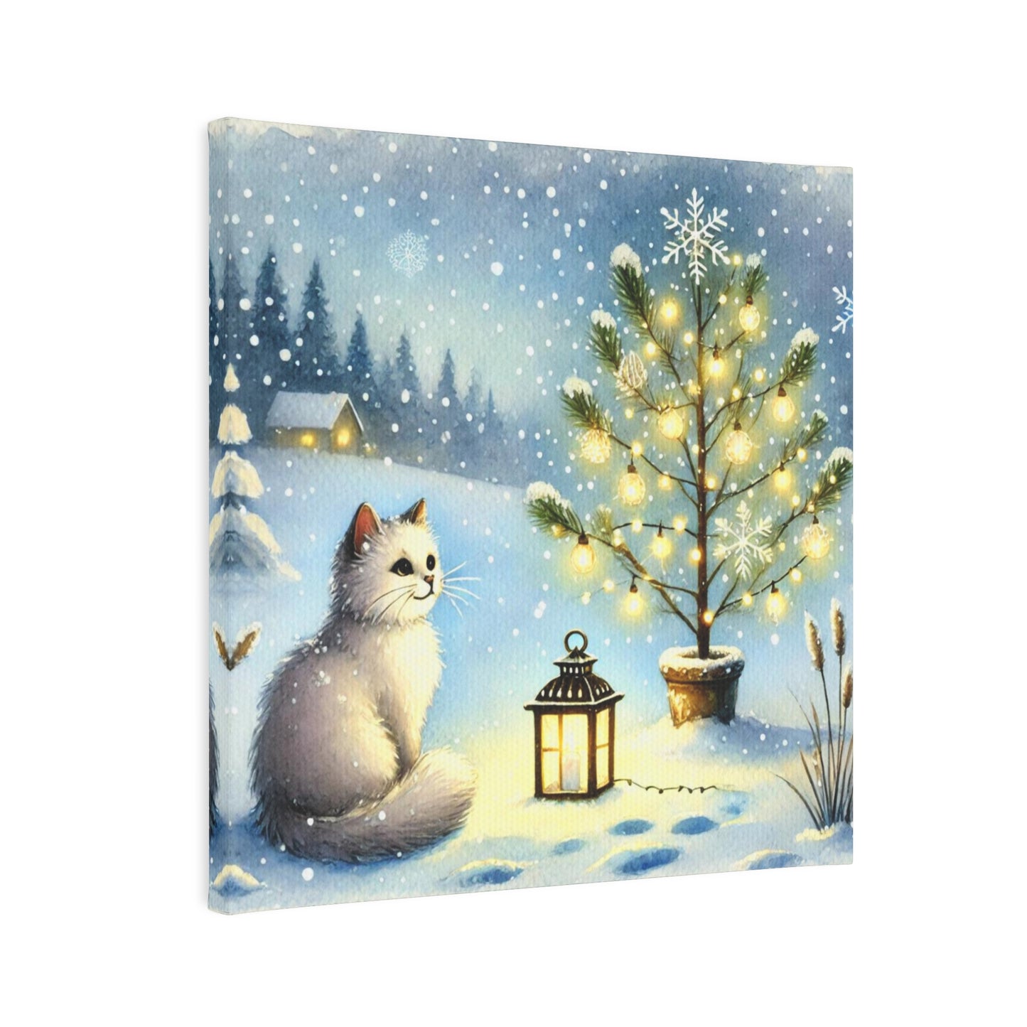 Winter Scene - White Cat Snowy Tree  - Wall Art Decor 8x8   