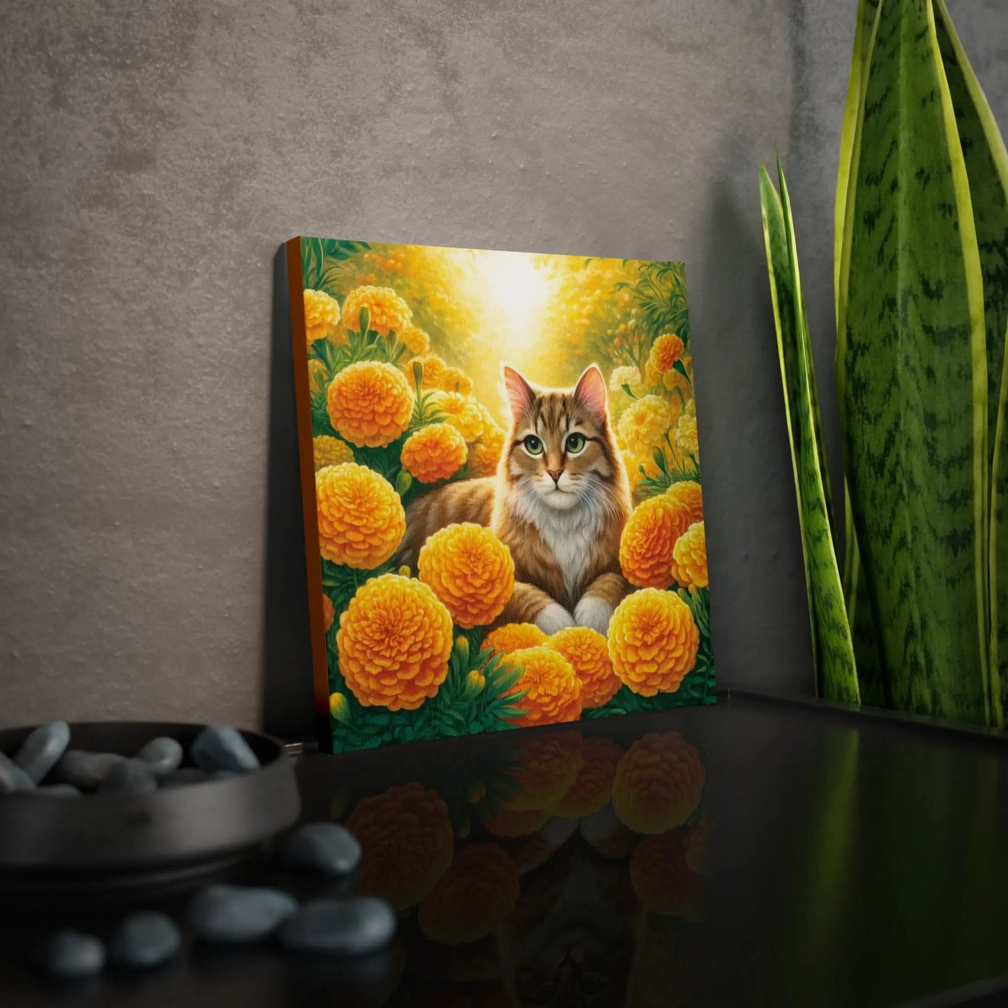 October Birthday Marigold Cat Lover Wall Art Decor - Great Birthday Gift - 8x8 Canvas Tile Print   