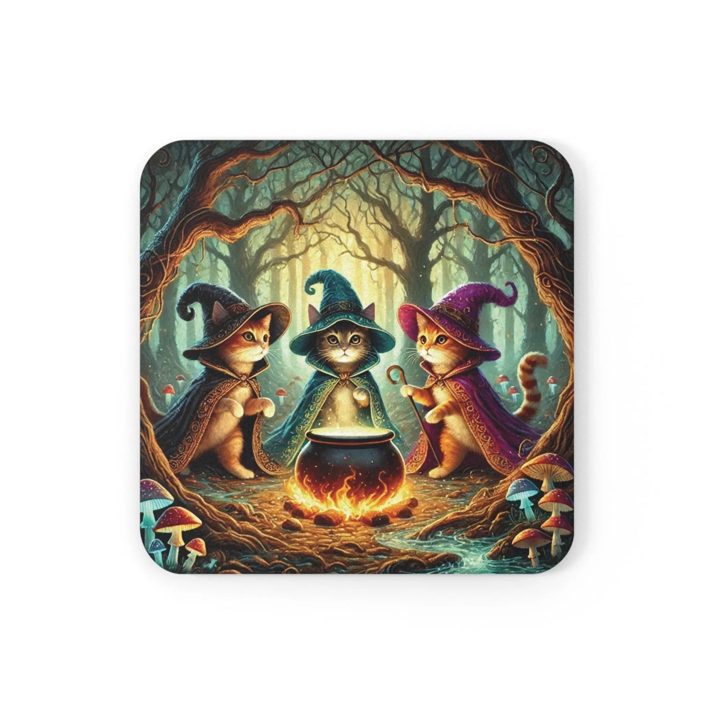 Halloween Decor - Cauldron Cat Witches - High Gloss Drink Coaster   