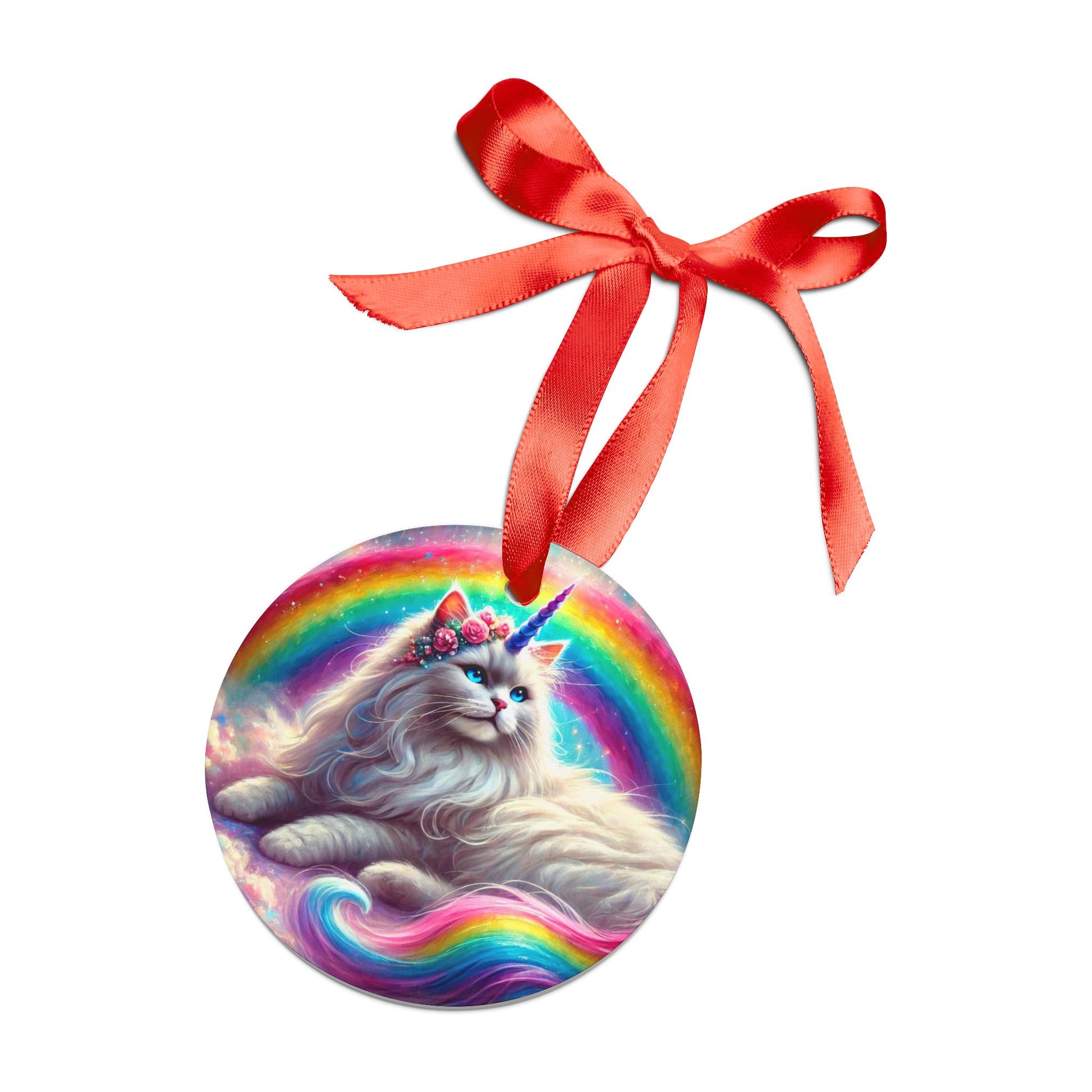 Rainbow Caticorn - Cat Unicorn - Acrylic Ornament with Ribbon   