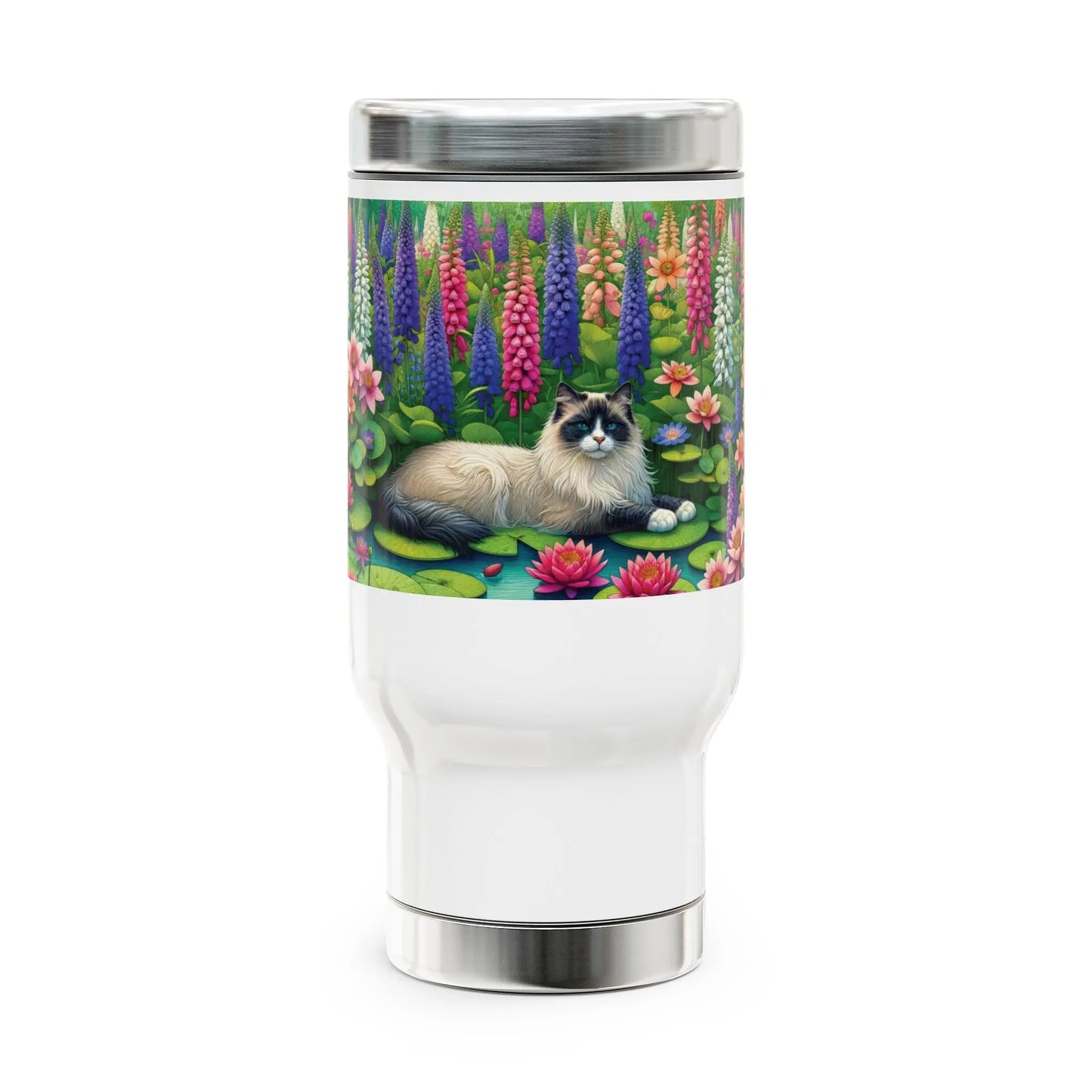 Water Lilly and Gladiolus - Cat Lover -Stainless Steel Travel Mug with Handle, 14oz   