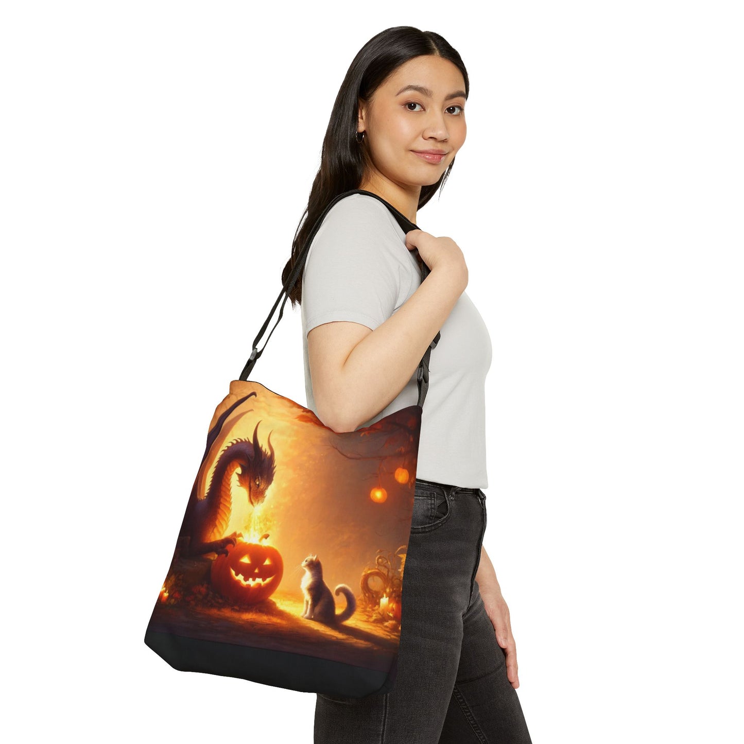 Trick or Treat Bag - Dragon Jack-O-Lantern Cat Lover Halloween - Adjustable Tote Bag (AOP)   