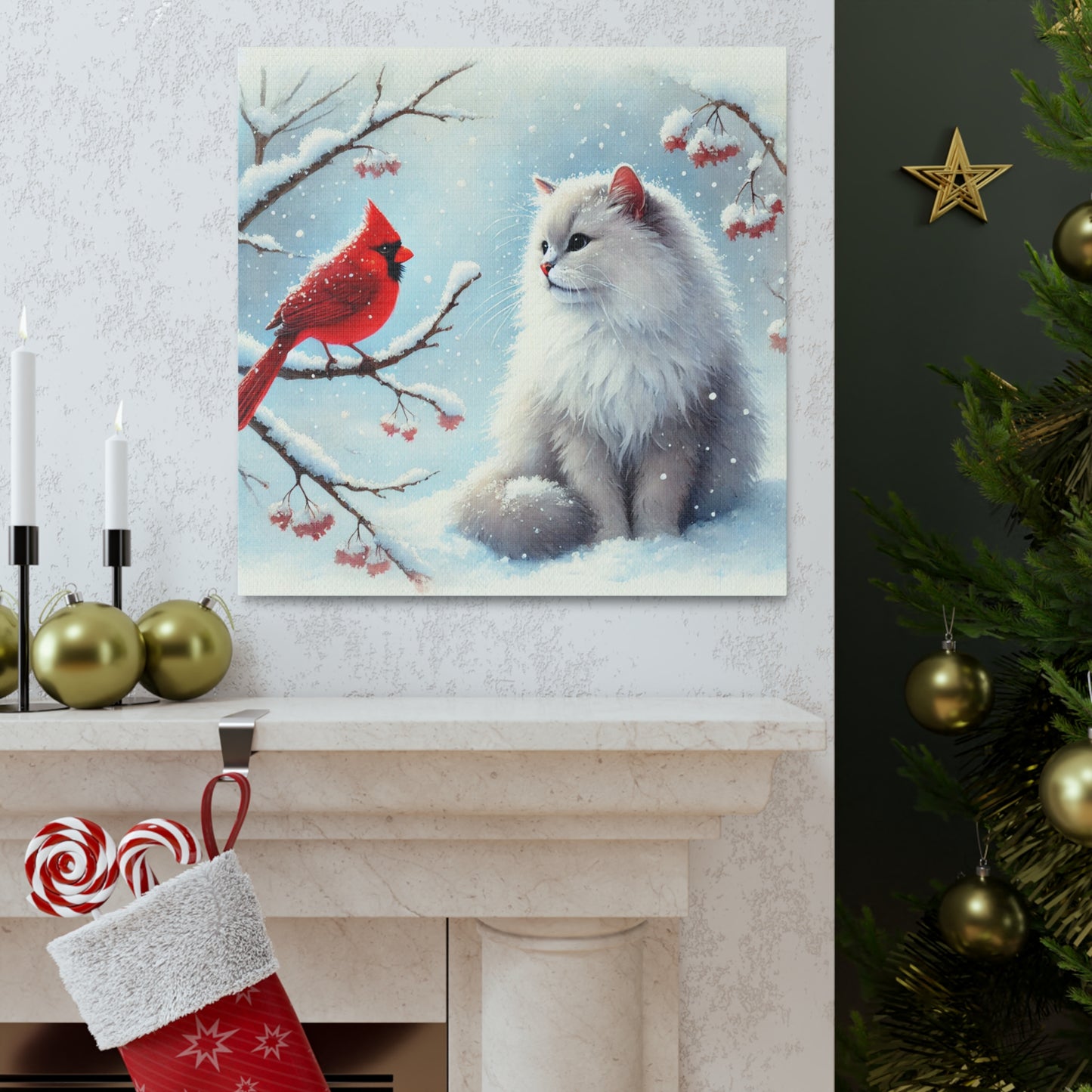 Winter Cardinal - Cat Lover - Holiday Decor - Canvas Gallery Wraps   