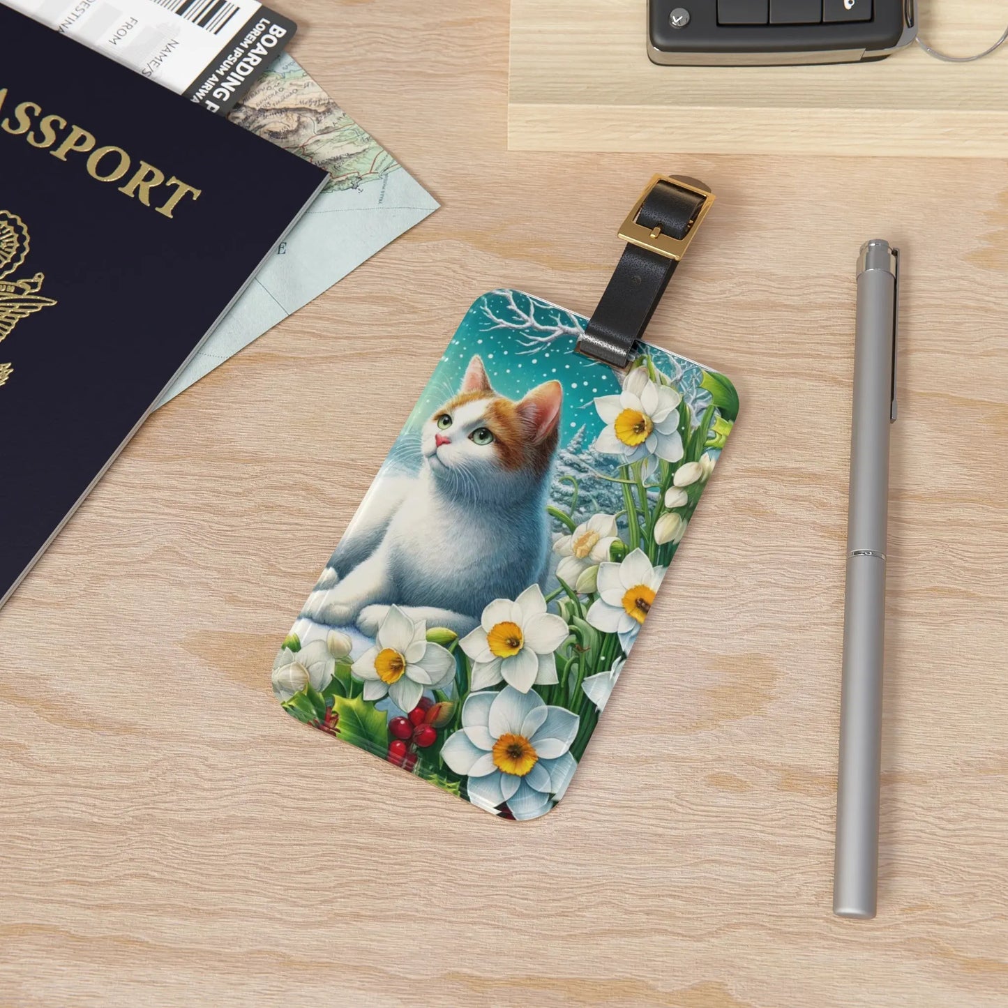 December Birth Flower -  Holly and Narcissus - Cat Lover - Luggage Tag - Montecore PawPrints