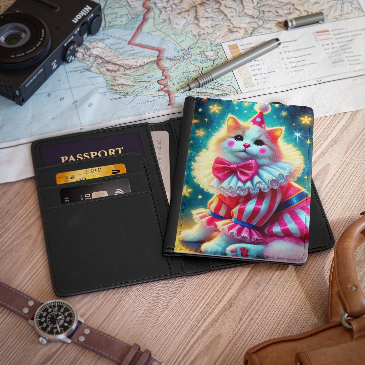 Circus Pink Stripped Cat Clown - Passport Cover - Travel Wallet   