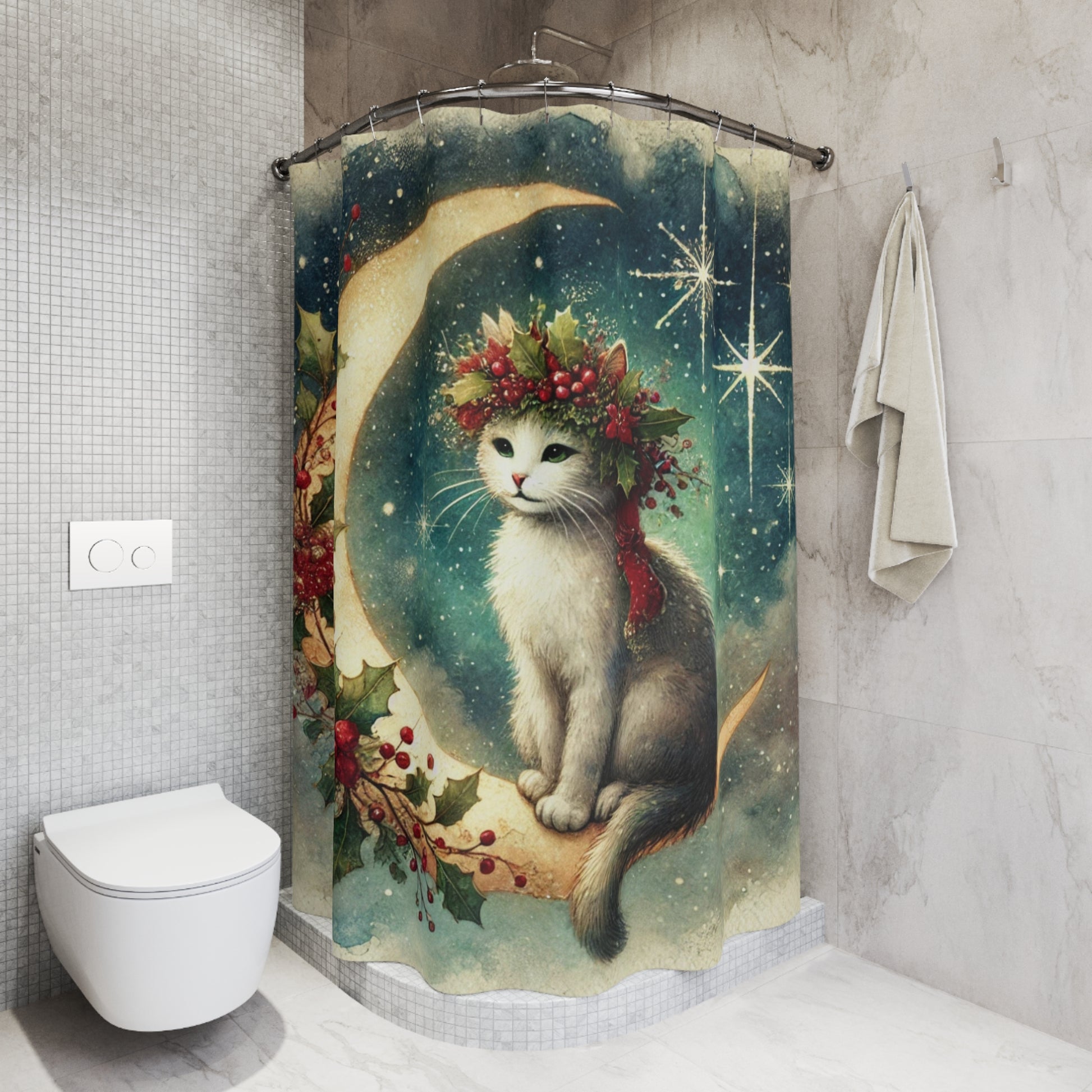 Holiday Moon - Cat Lover - Shower Curtains   