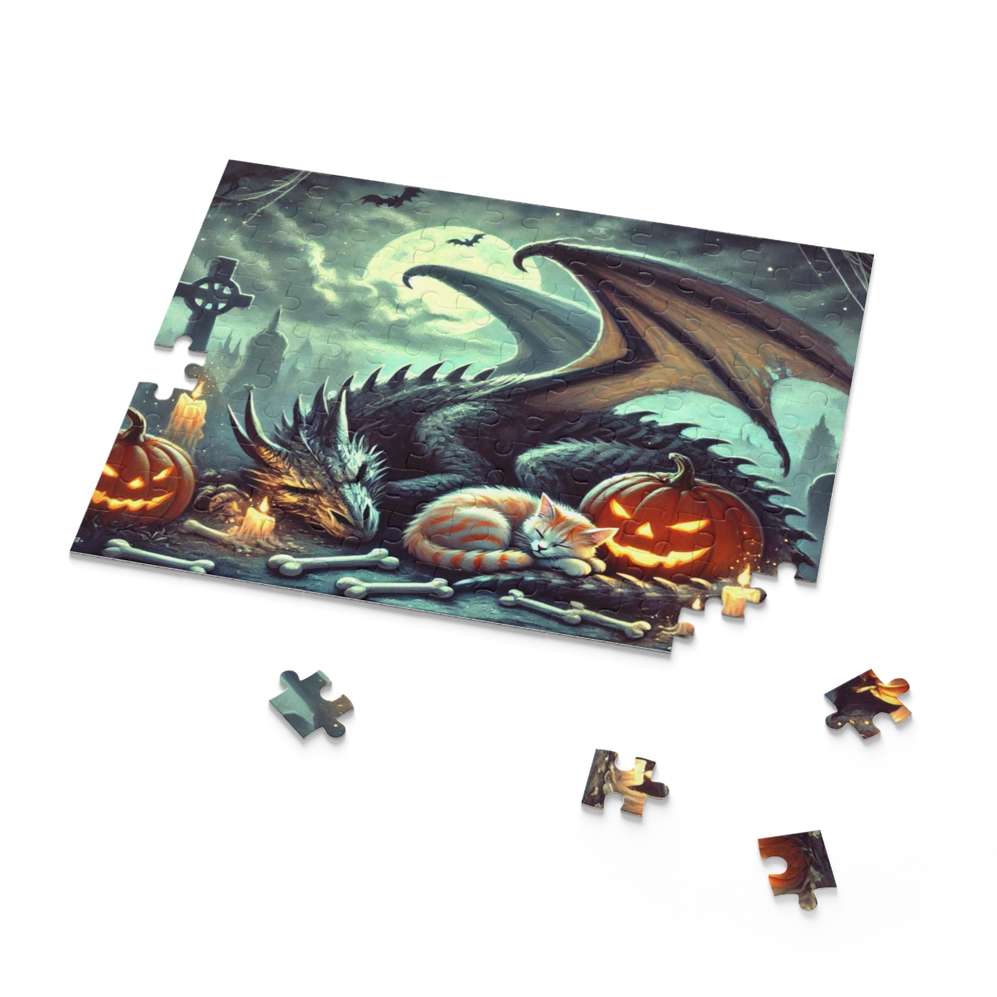 Fantasy Dragon and Cat Halloween Puzzle - Gift 120, 252, or 500 -piece options   