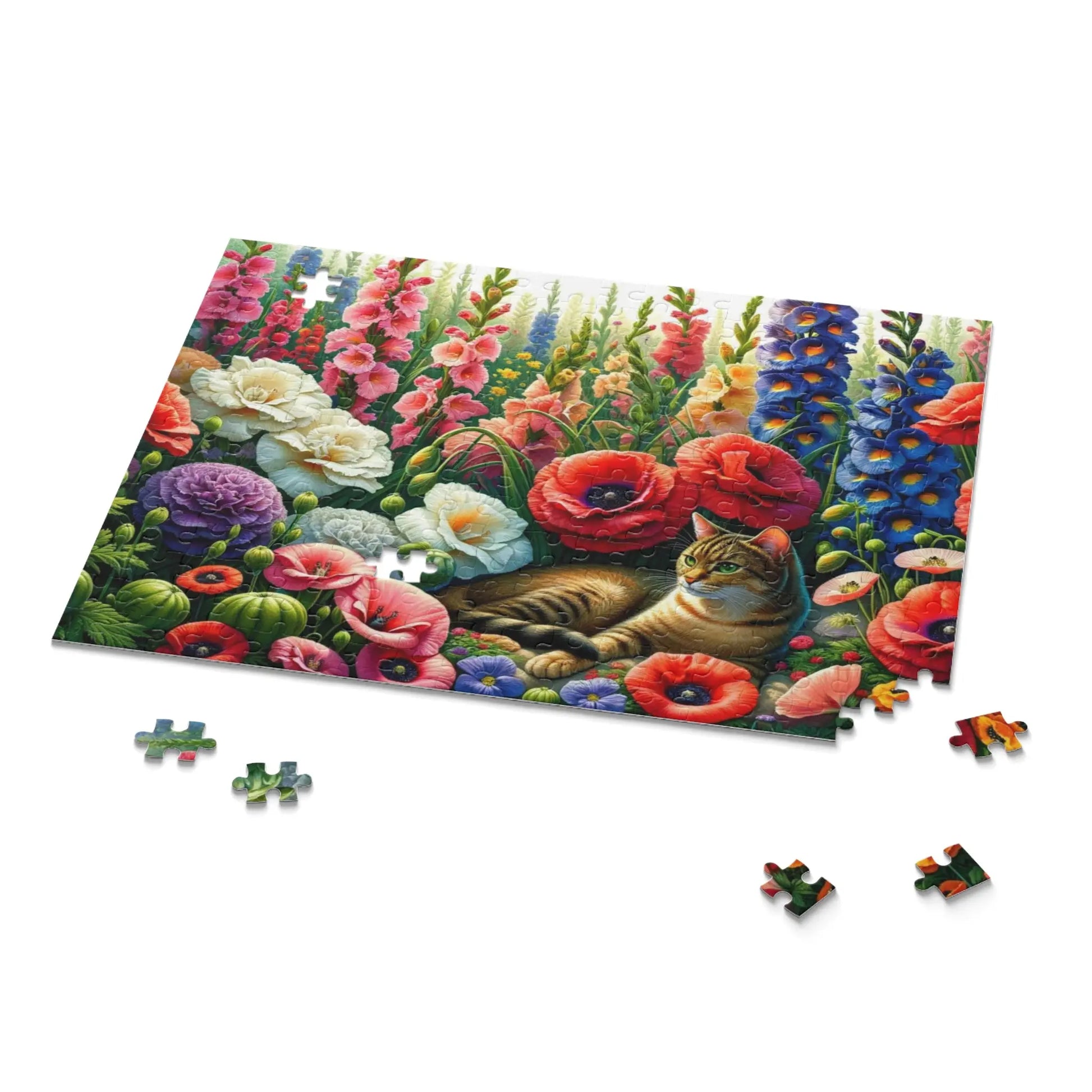 August Birthday Flower Puzzle - Gladiolas and Poppies - Cat Lover Gift  - 120-piece- 252-piece- 500-piece size - Montecore PawPrints