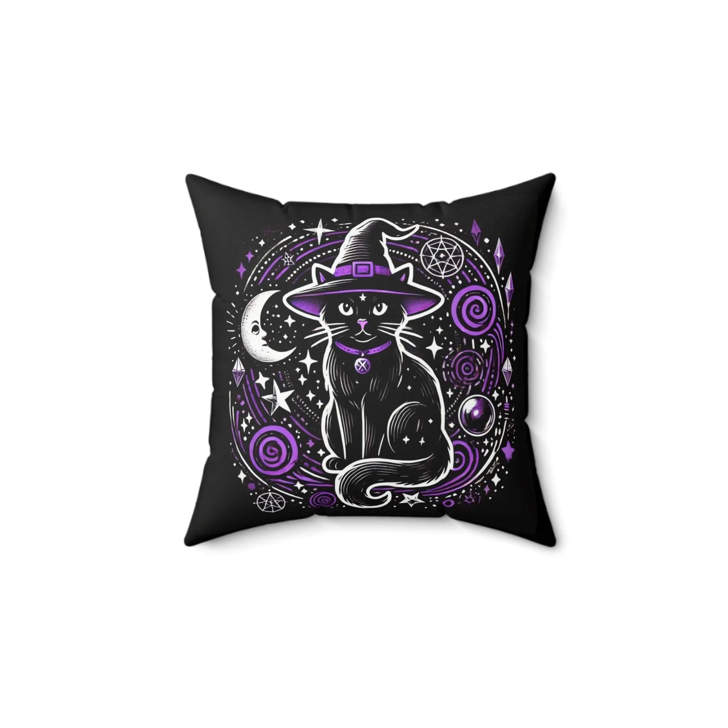 Witch Cat - Purple and Black - Halloween Spun Polyester Square Pillow   