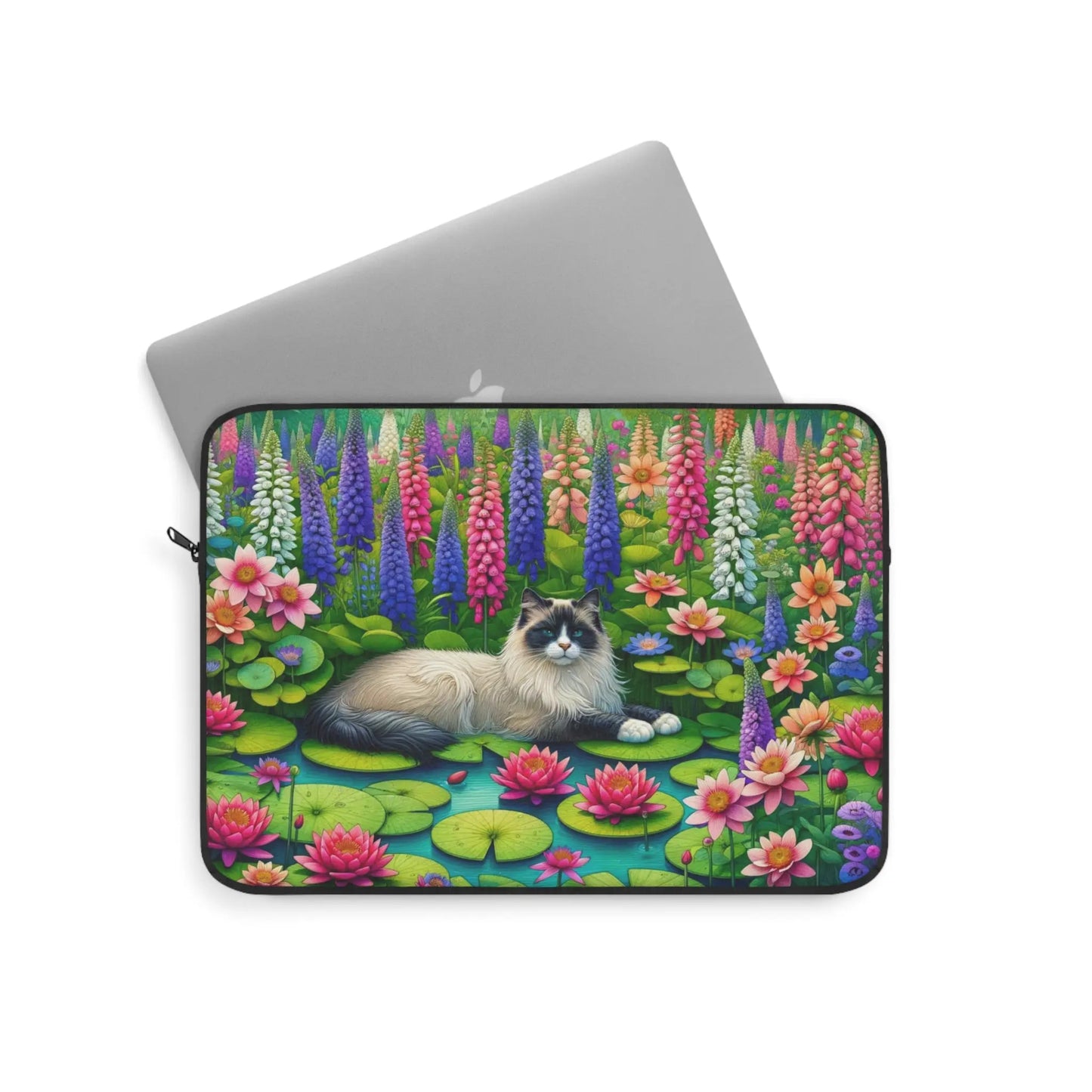 July Birth Flower - Water Lily and Larkspur - Cat Lover - Laptop Sleeve   