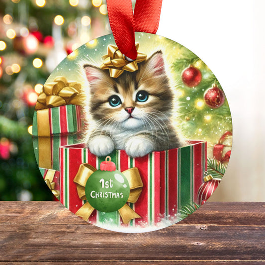 First Christmas - Kitten Present - Ornament   