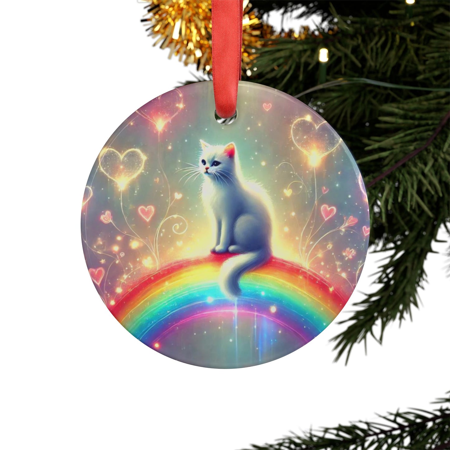 Hearts and Rainbows - Cat Lover Acrylic Ornament with Ribbon   