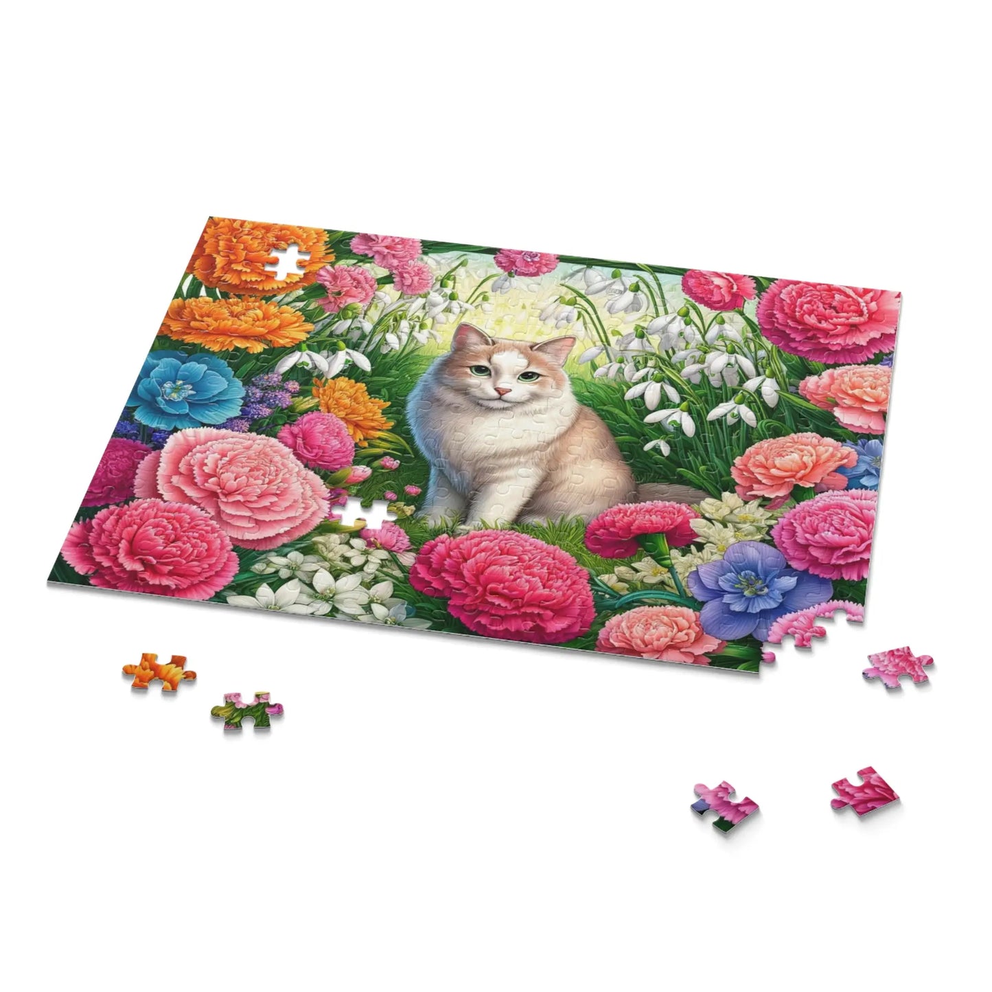 January Birth Flower Puzzle - Carnations & Snowdrops - Cat Lover Gift - 120, 252, or 500-piece - Montecore PawPrints