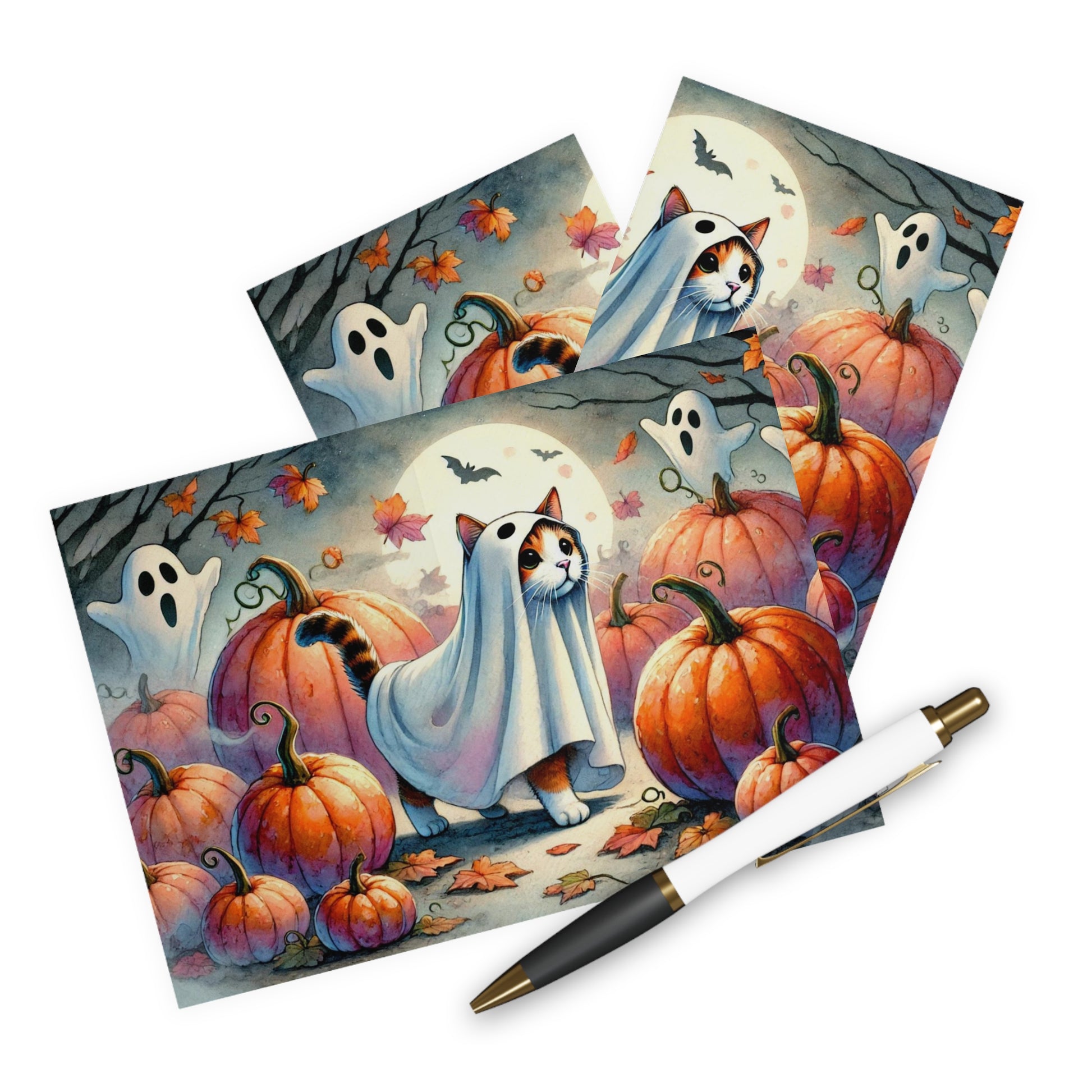 Halloween Ghost Cat in Pumpkin Patch- Blank Greeting Cards (5 Pack)   