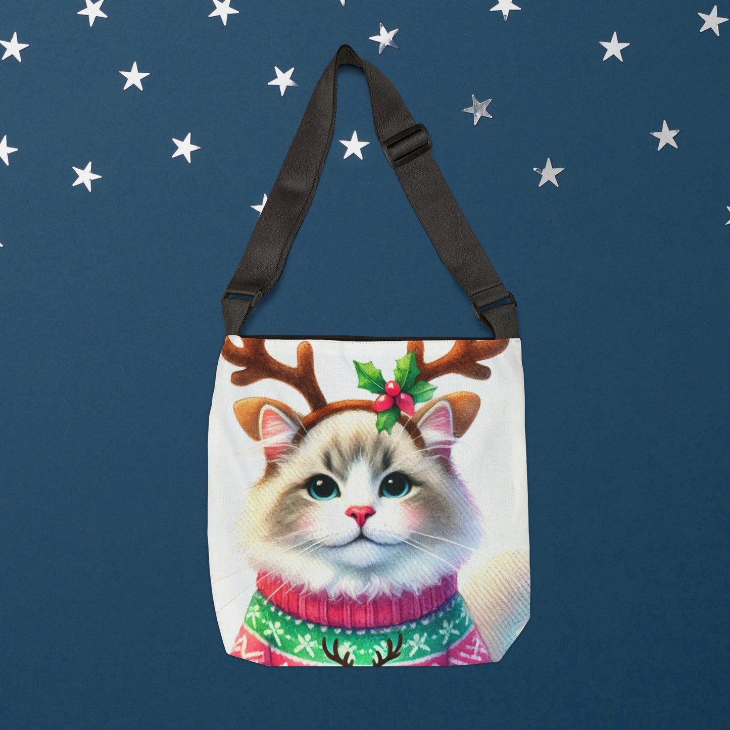 Cat Reindeer - Christmas Sweater - Adjustable Strap Tote Bag   