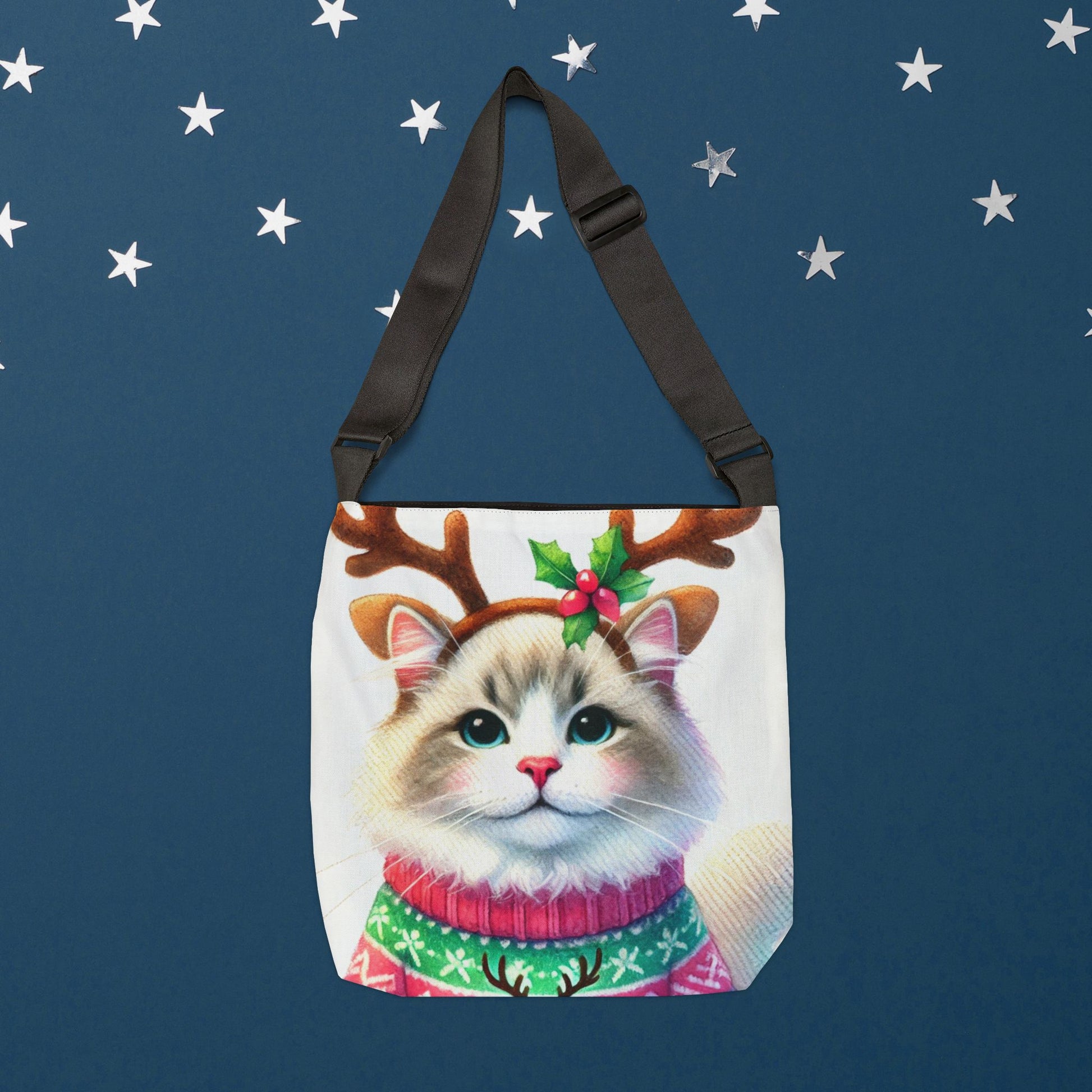 Cat Reindeer - Christmas Sweater - Adjustable Strap Tote Bag   