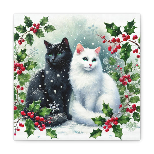 Winter Holly Hugs -  Cat Lover - Holiday Decor - Canvas Gallery Wraps   