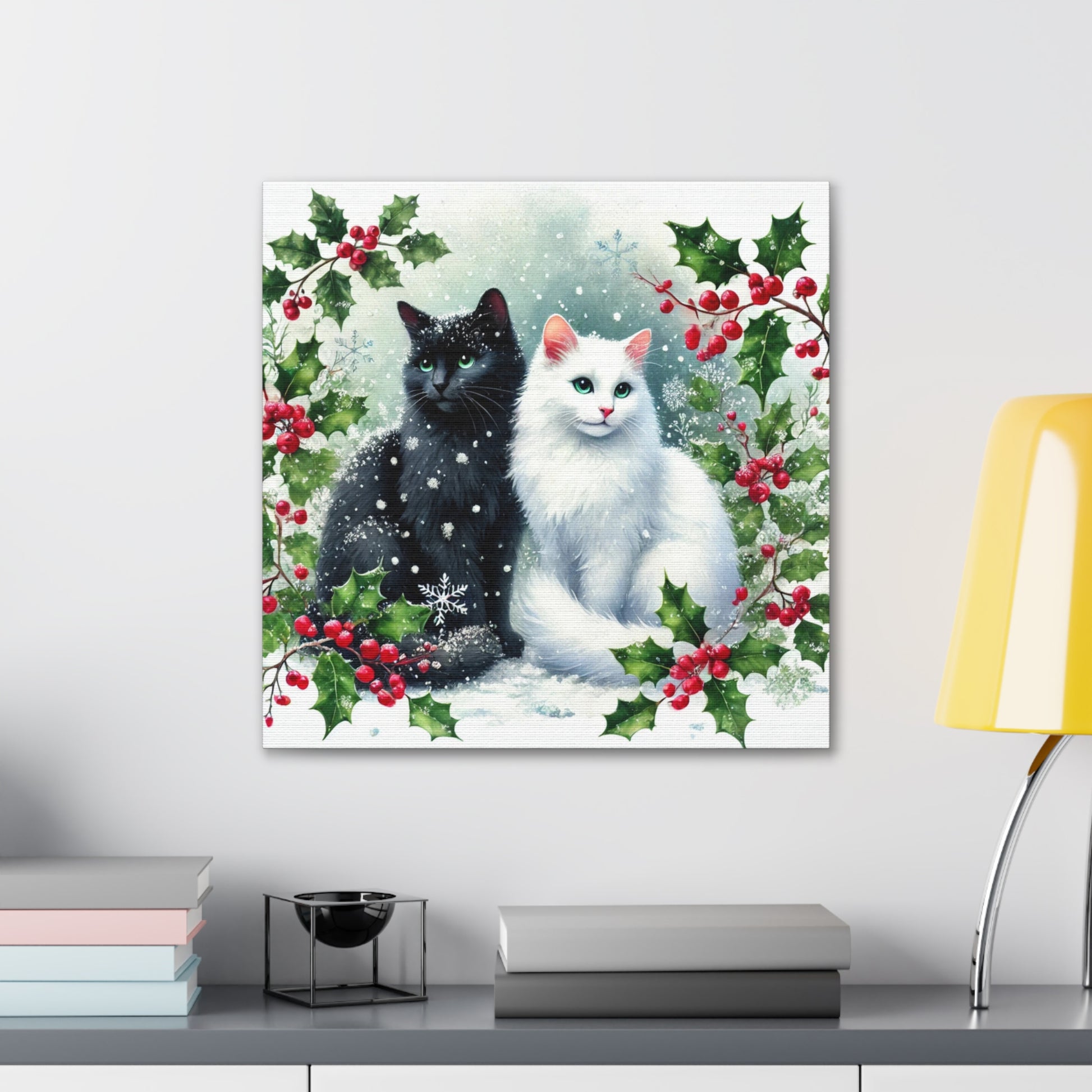 Winter Holly Hugs -  Cat Lover - Holiday Decor - Canvas Gallery Wraps   